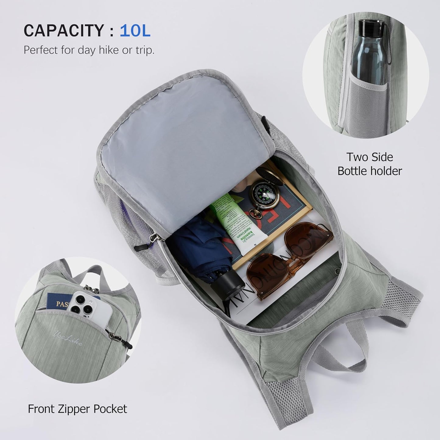 10L Small Hiking Backpack Travel Daypack Lightweight Packable Back Pack for Women Men(Light Grey)