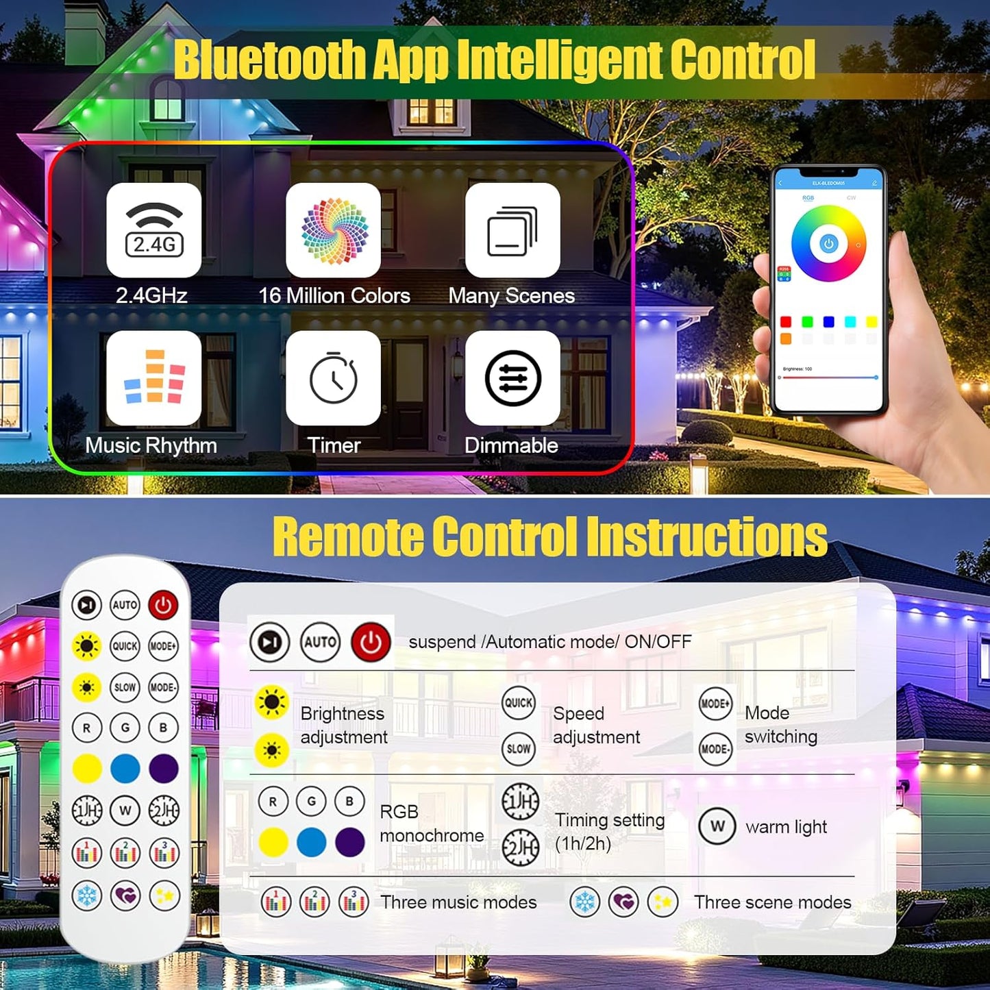 100ft Permanent Outdoor Lights for House, RGB+IC Outdoor Lights, IP67 Waterproof Smart LED Lights with App/Remote Control for Halloween, Christmas, Holiday, Daily, Party