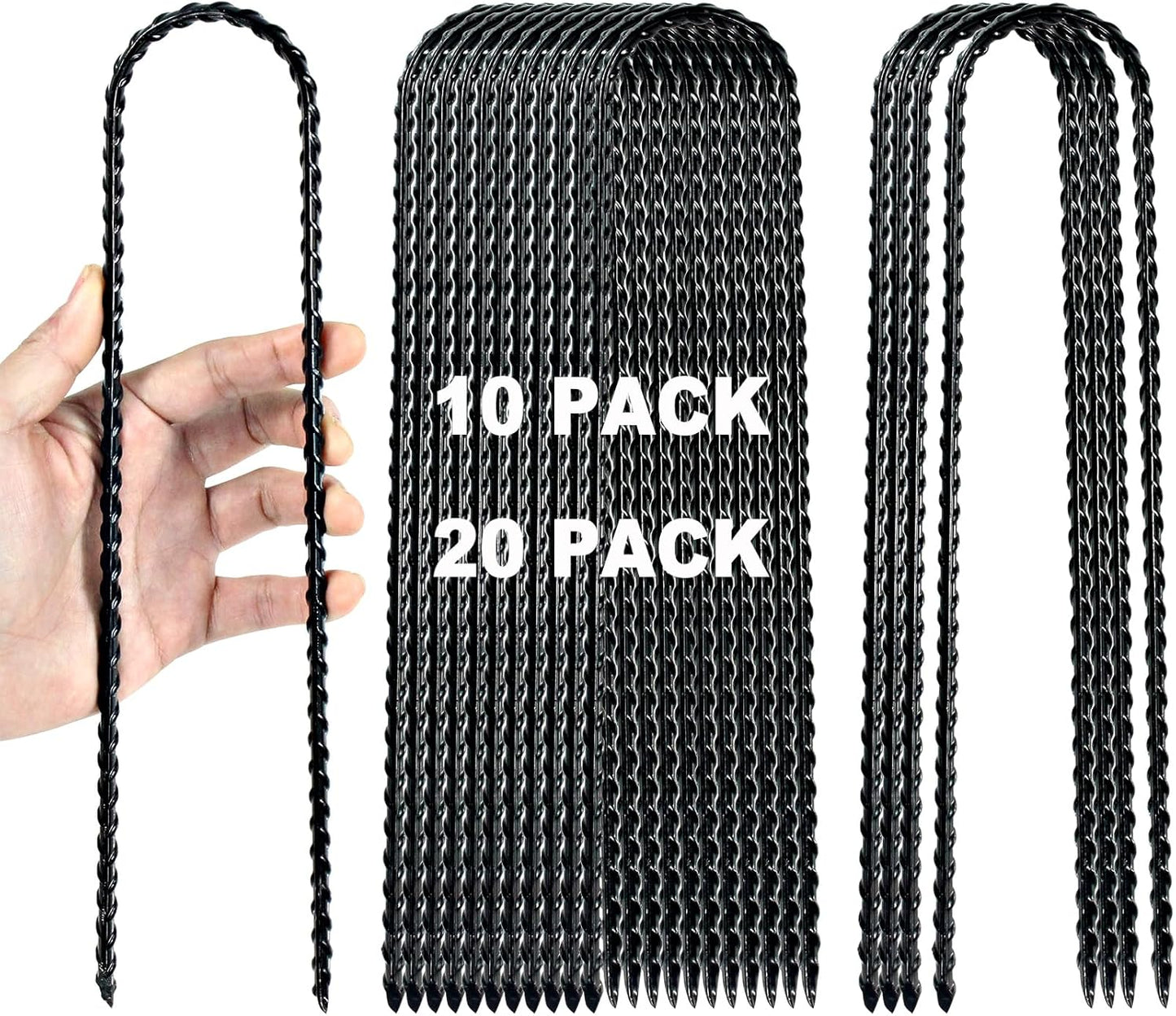 12 Inch Trampoline Wind Stakes Heavy Duty U Shaped Stakes for Ground, Trampoline Tie Down Anchor Kit for Swing Set, Camping Tents and Soccer Goal, Black Rebar Anchors (10)