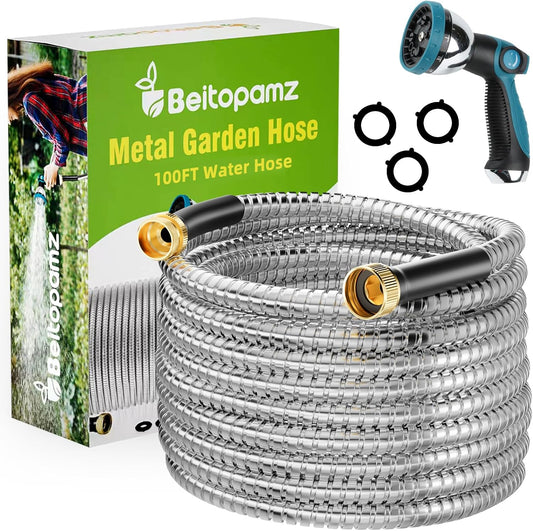 100 ft Garden Hose, Stainless Steel Metal Water Hose 100 Feet with Nozzle, Flexible, Rust Proof, No-Kink, Heavy Duty, Leakproof 3/4 in Fittings, Lightweight Metal Hose, BT100S Model