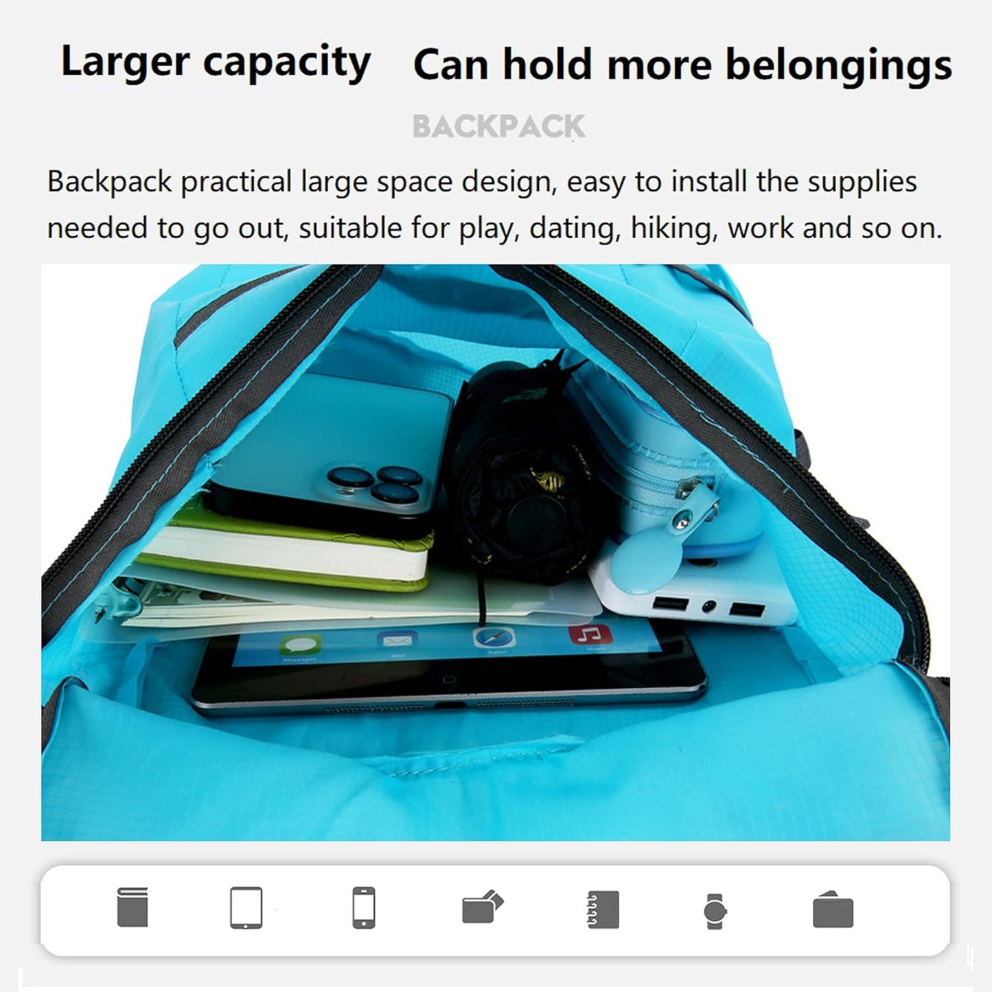 16L Lightweight Foldable Hiking-Backpack Small Packable-Daypack For Travel,Ultralight Water-Resistant Gym Bag Men Women Easy Carry-on (Blue)