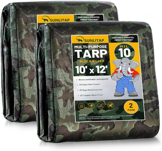 10 Mil Heavy Duty Waterproof Tarp, 10x12 Ft Finished Size Large Tarps with Metal Grommets & Reinforced Edge, Multipurpose Camouflage Tarp for Car, Boat, Roof, Camping - 2 Pack