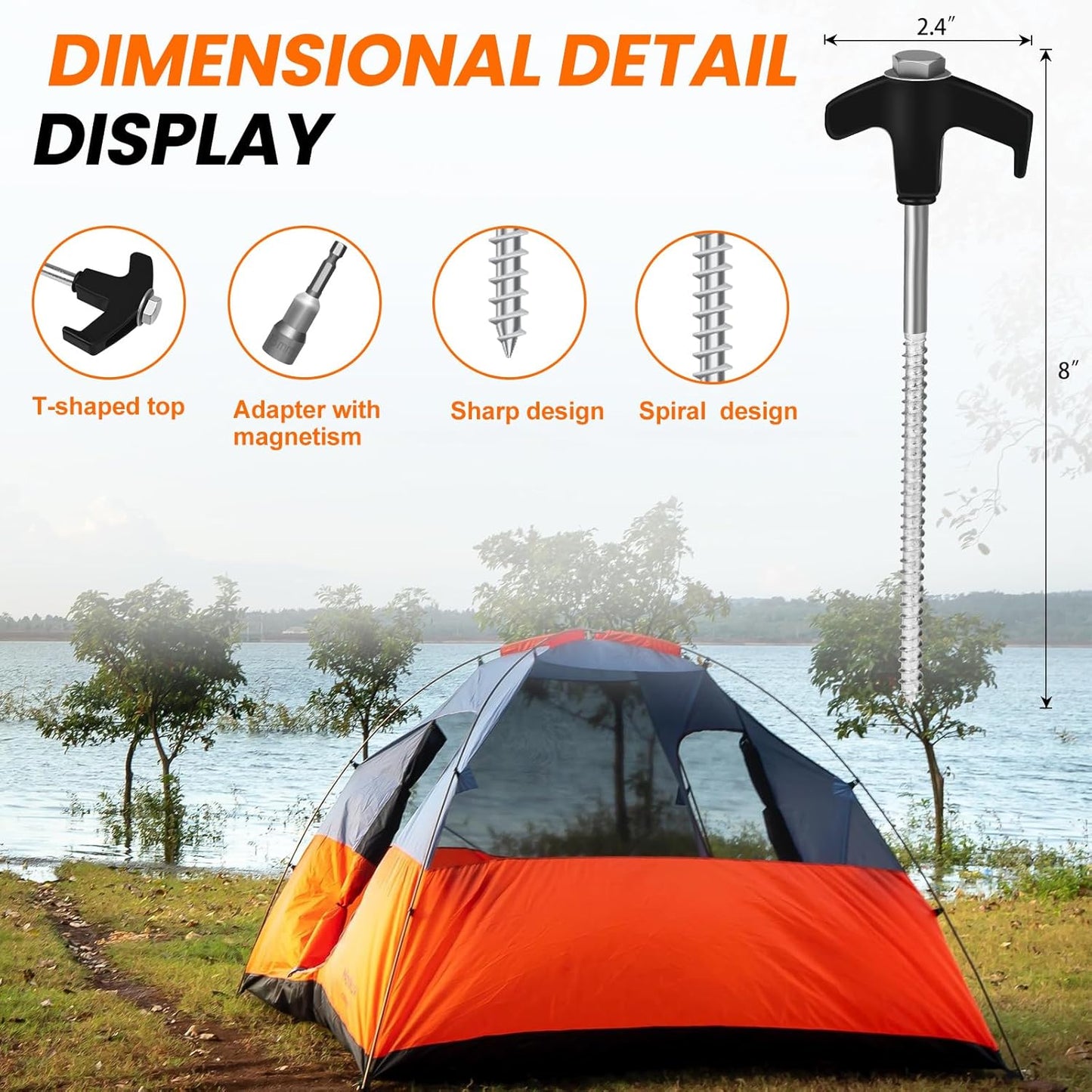 12 Pack 8" Screw in Tent Stakes Heavy Duty- Ground Anchors Screw- Tent Pegs Camping Stakes- Hex Pegs Drillable Tent Stakes and Hexagon Head Drive and Storage Box (Black)