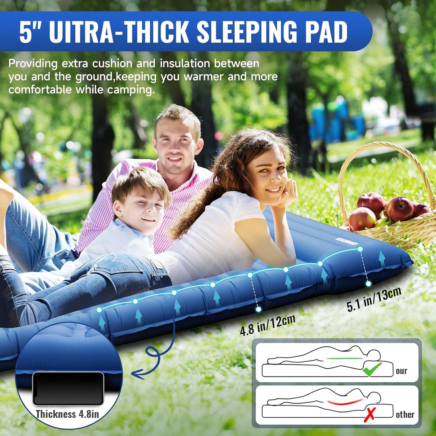 KASIMO Double Sleeping Pad for Camping,5" Ultra-Thick 1.4x2M for 2 Person with Pillow Built-in Foot Pump Inflatable Sleeping Mat for Backpacking, Hiking, Traveling, Tent, Portable Camping Mat