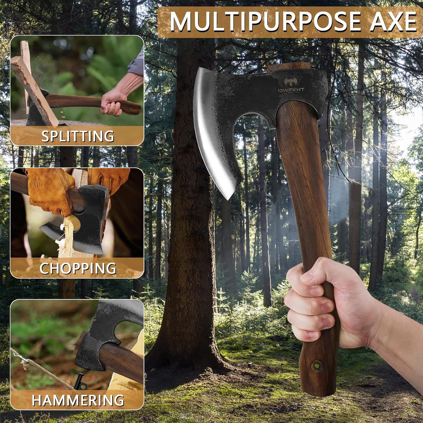 14.6" Hatchet, Camping Hatchet with Leather Sheath, Bushcraft Axe with 1065 Carbon Steel & Beech Handle, Survival Axe for Wood Splitting and Chopping - Perfect for Gardening and Outdoor