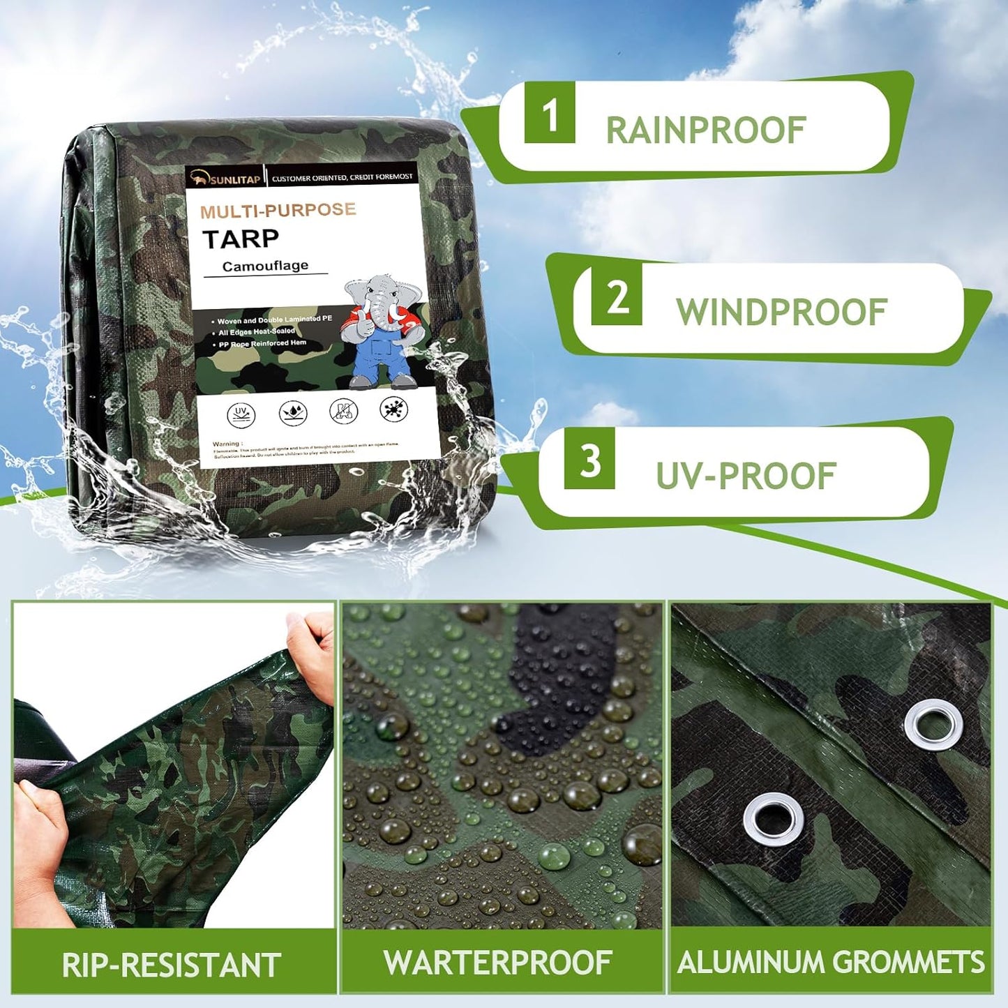10 Mil Heavy Duty Waterproof Tarps, 10x20 Ft Finished Size Tarps, Premium Tarp with Metal Grommets & Reinforced Edge, Multipurpose Thick Poly Tar for Car, Boat, Roof, Camping - Camouflage