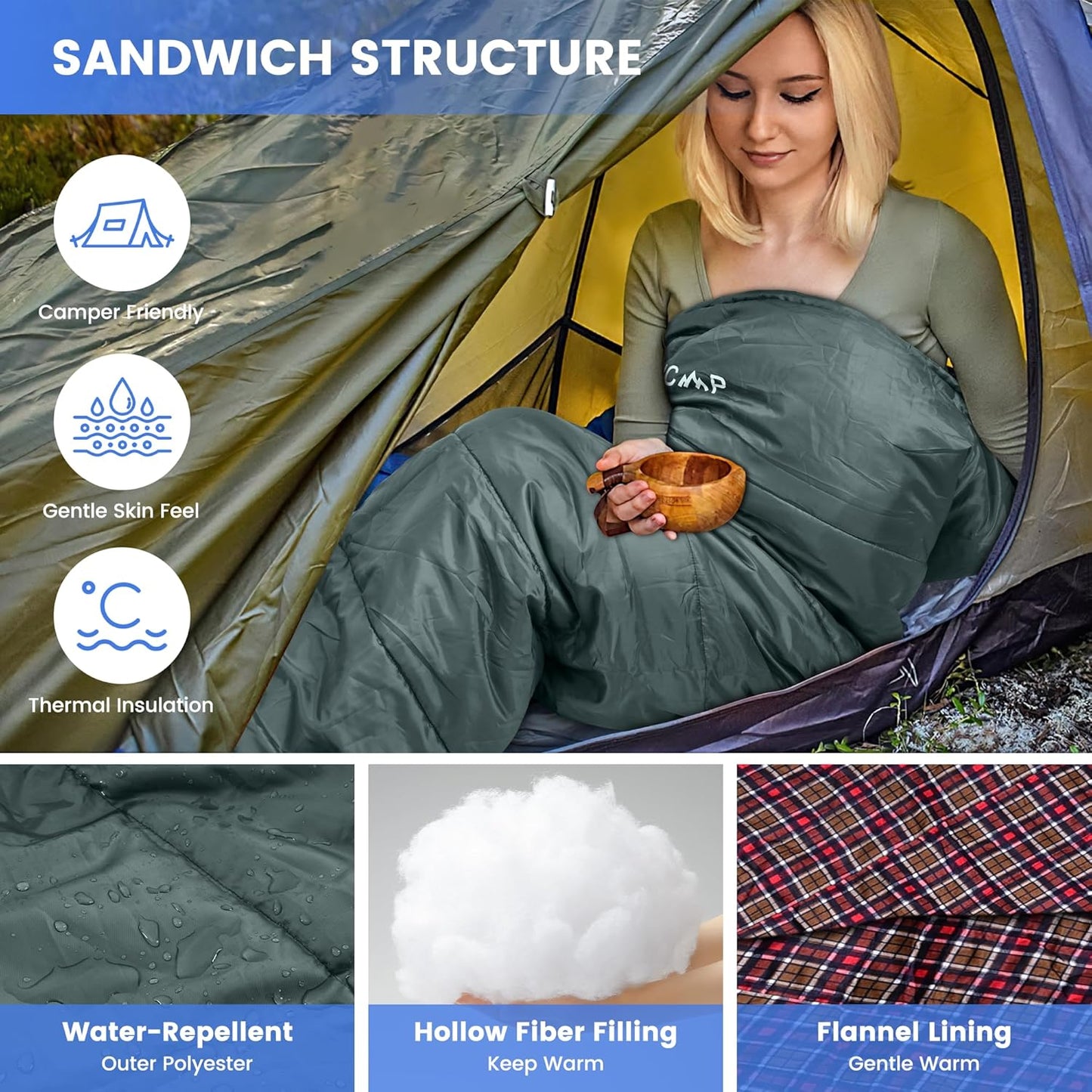 0 Degree Sleeping Bag for Cold Weather,100% Cotton Flannel XXL for Adults Big and Tall Cold Weather Winter Zero Degree Camping,Free Compression Sack