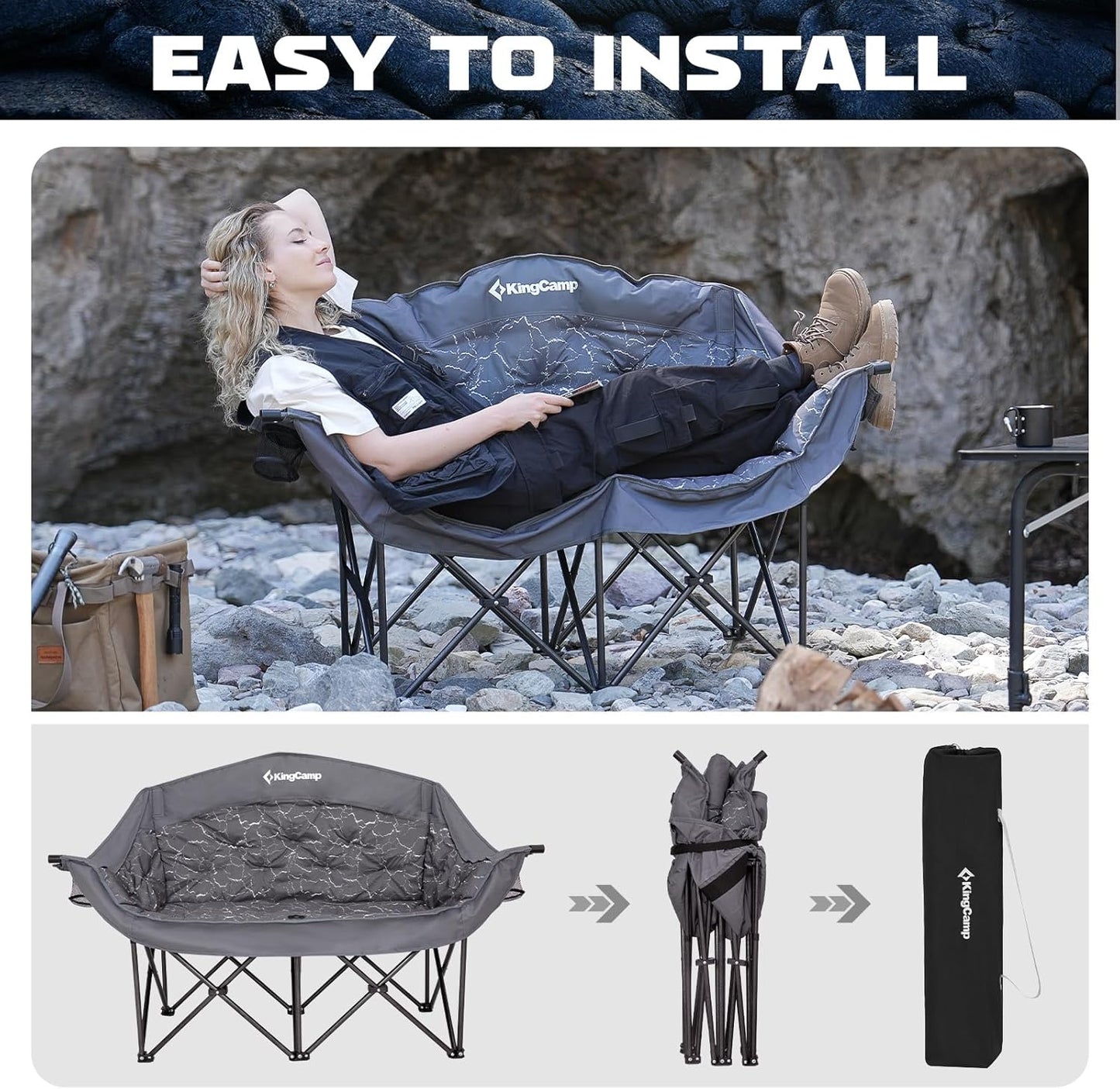 KingCamp Double Camping Chair, Oversized 660lbs Heavy Duty Padded Loveseat for Adults Portable Folding XL 2 Person Couch Comfortable Two Seat for Outdoor Lawn Backyard (Dual-Density Padding