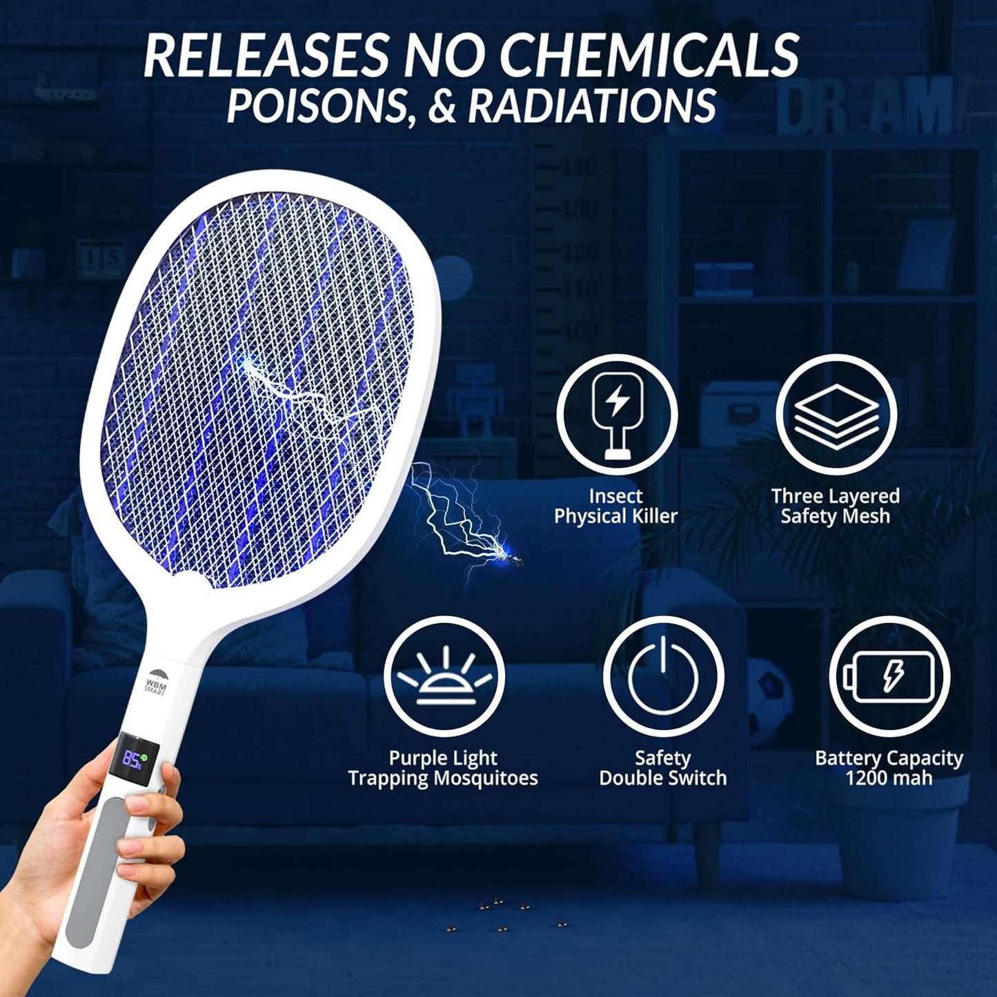 WBM SMART 2 in 1 Electric Bug Zapper, Mosquitoes Trap Lamp & Racket, USB Rechargeable Electric Fly Swatter for Home and Outdoor Powerful Grid 3-Layer Safety Mesh Safe to Touch, Pack of 2