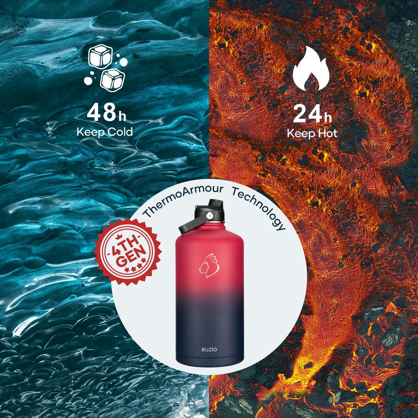 128oz Insulated Water Bottle, BUZIO Gallon Water Jug with Straw Lid and Carrying Sleeve (Cold for 48 Hrs) Stainless Steel Hydro Metal Canteen Water Flask, Ruby Red Navy