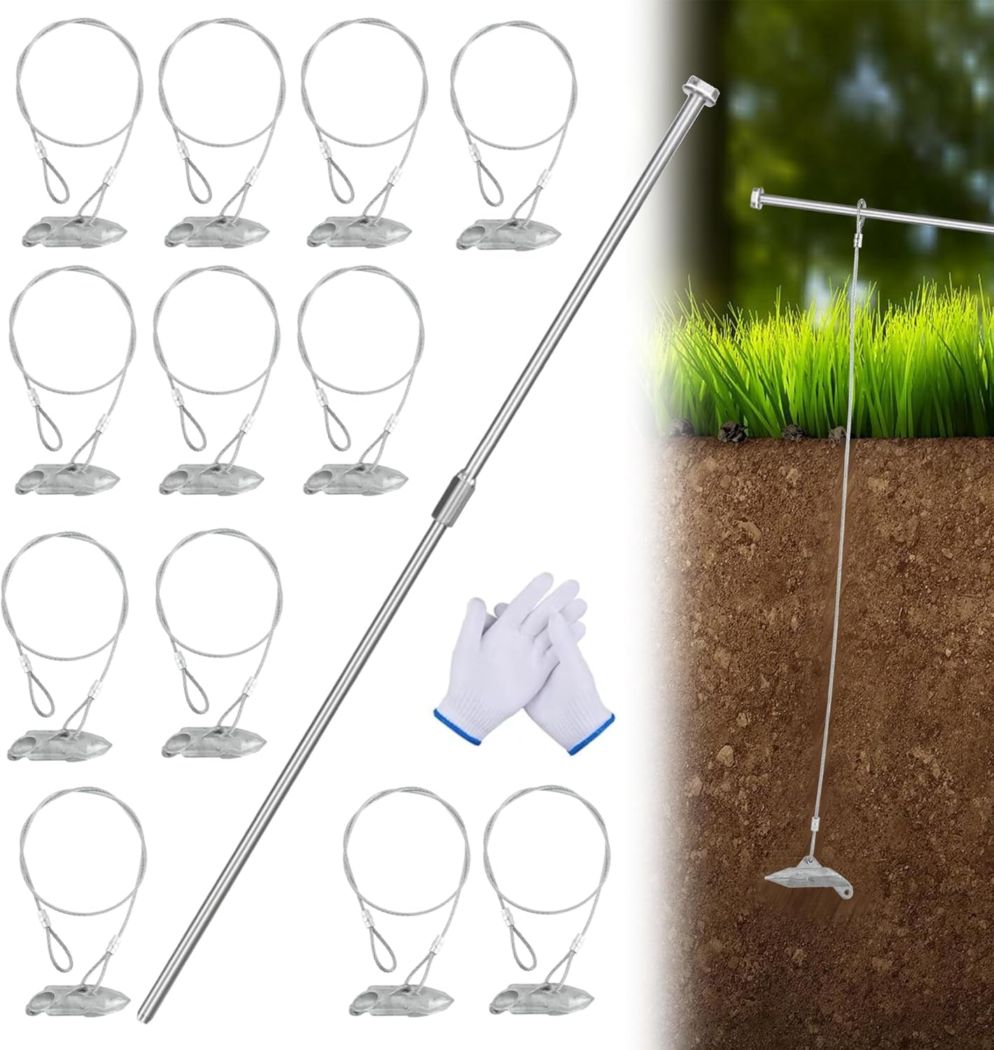 (12 Pack) Drive-In Ground Earth Anchors with Rod, 30inch Cable Earth Anchor Heavy Duty for High Winds, Easy Hook Anchor for Fixing Shed, Carports, Tent, Swing Set, Greenhouse, Gazebo.