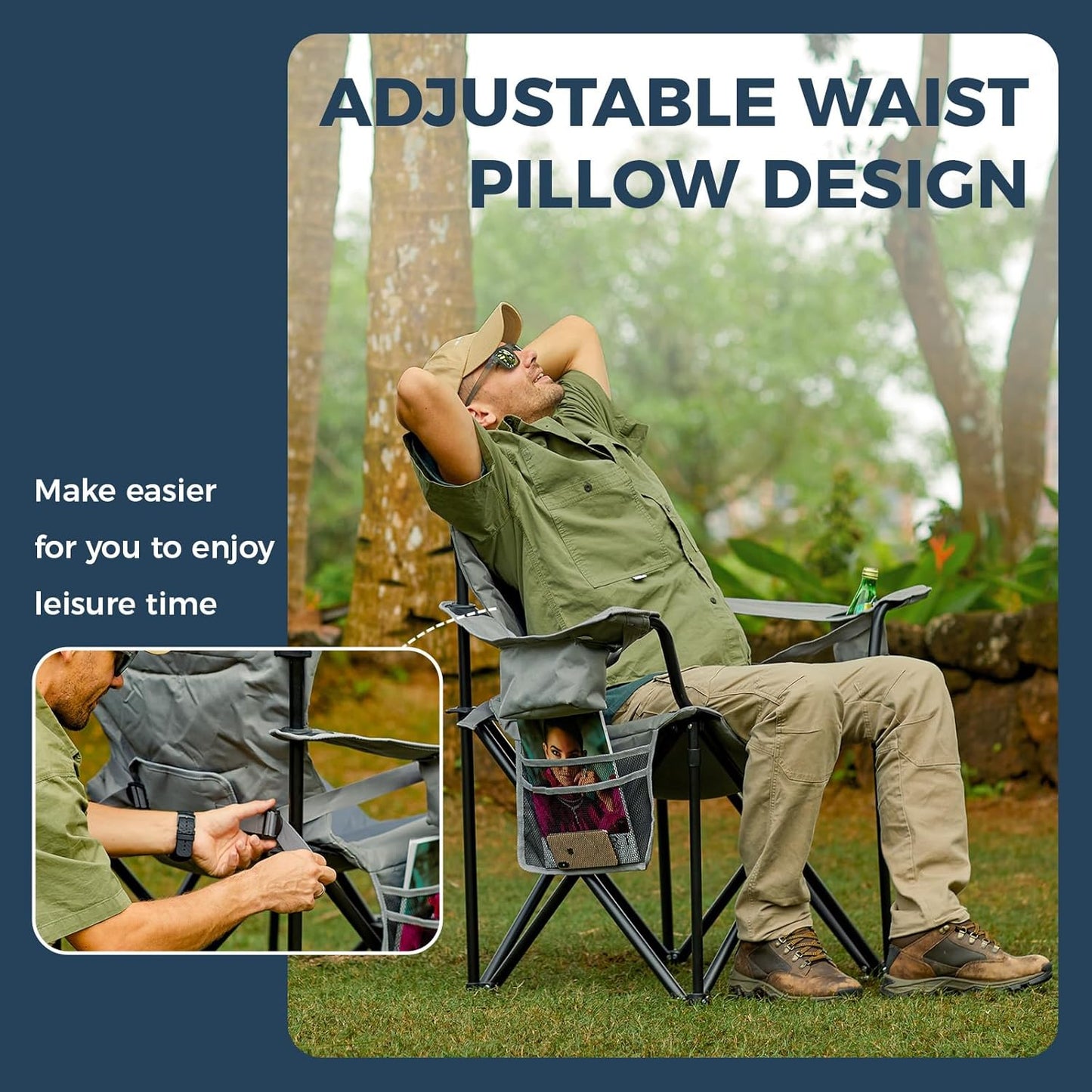 KingCamp Oversized Camping Folding Chair with Lumbar Support, Heavy Duty Ergonomic Padded Arm Chair with Cooler Bag, Cup Holder, Portable for Outdoor