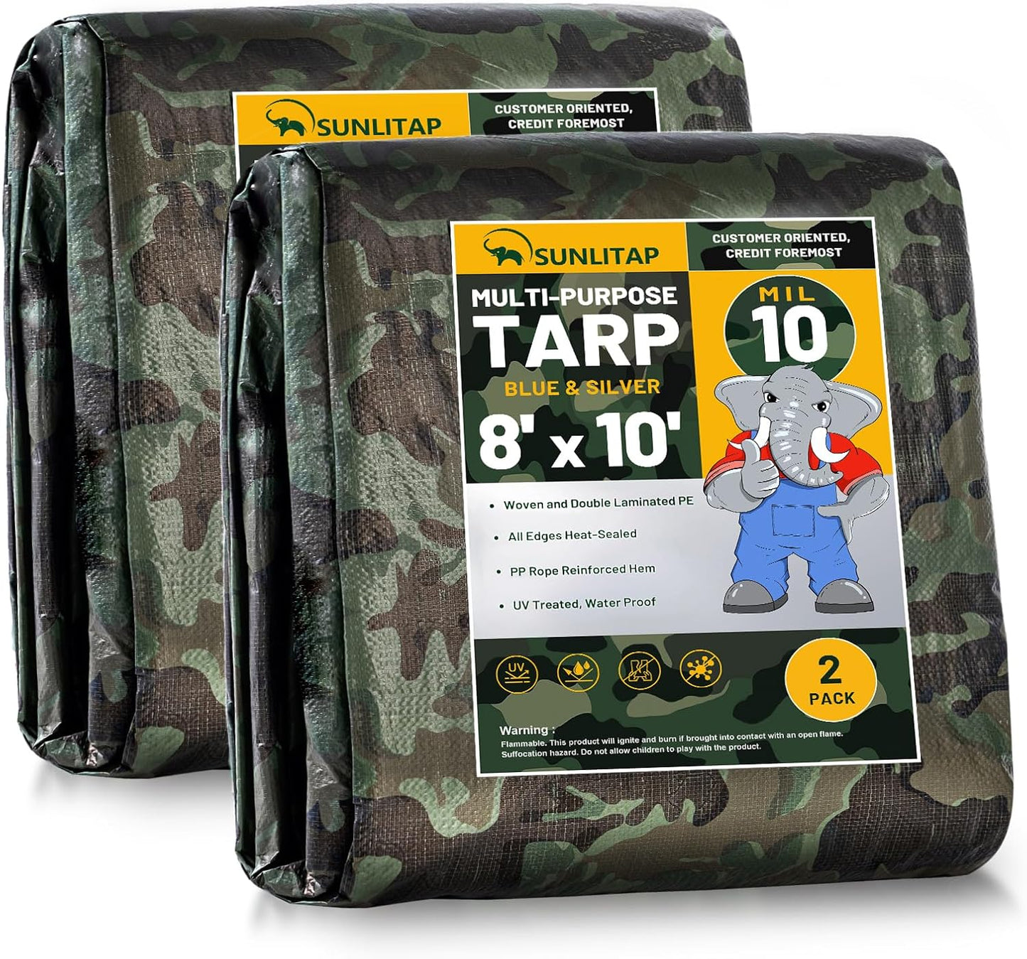 10 Mil Heavy Duty Waterproof Tarps, 8x10 Ft Finished Size Tarps, Premium Tarp with Metal Grommets & Reinforced Edge, Multipurpose Thick Tarp for Car, Boat, Roof, Camping - 2 Pack, Camouflage