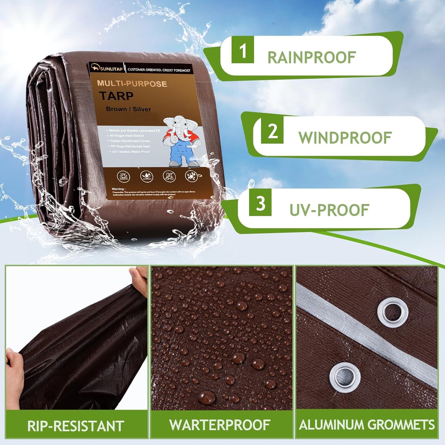 10 Mil Heavy Duty Waterproof Tarps, 8x10 Ft Finished Size Tarps, Premium Tarp with Metal Grommets & Reinforced Edge, Multipurpose Thick Tarp for Car, Boat, Roof, Camping - 2 Pack, Brown