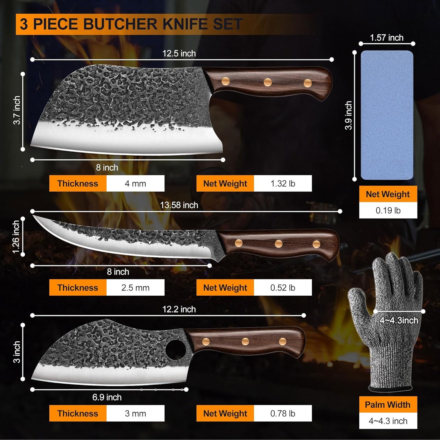 KINGOD 3-Piece Outdoor Butcher Knife Set with Bag & Gloves & Whetstone, Hand-Forged Full Tang Hunting Cleaver, Viking Boning Knife & Meat Knife for Camping, BBQ & Meat Processing