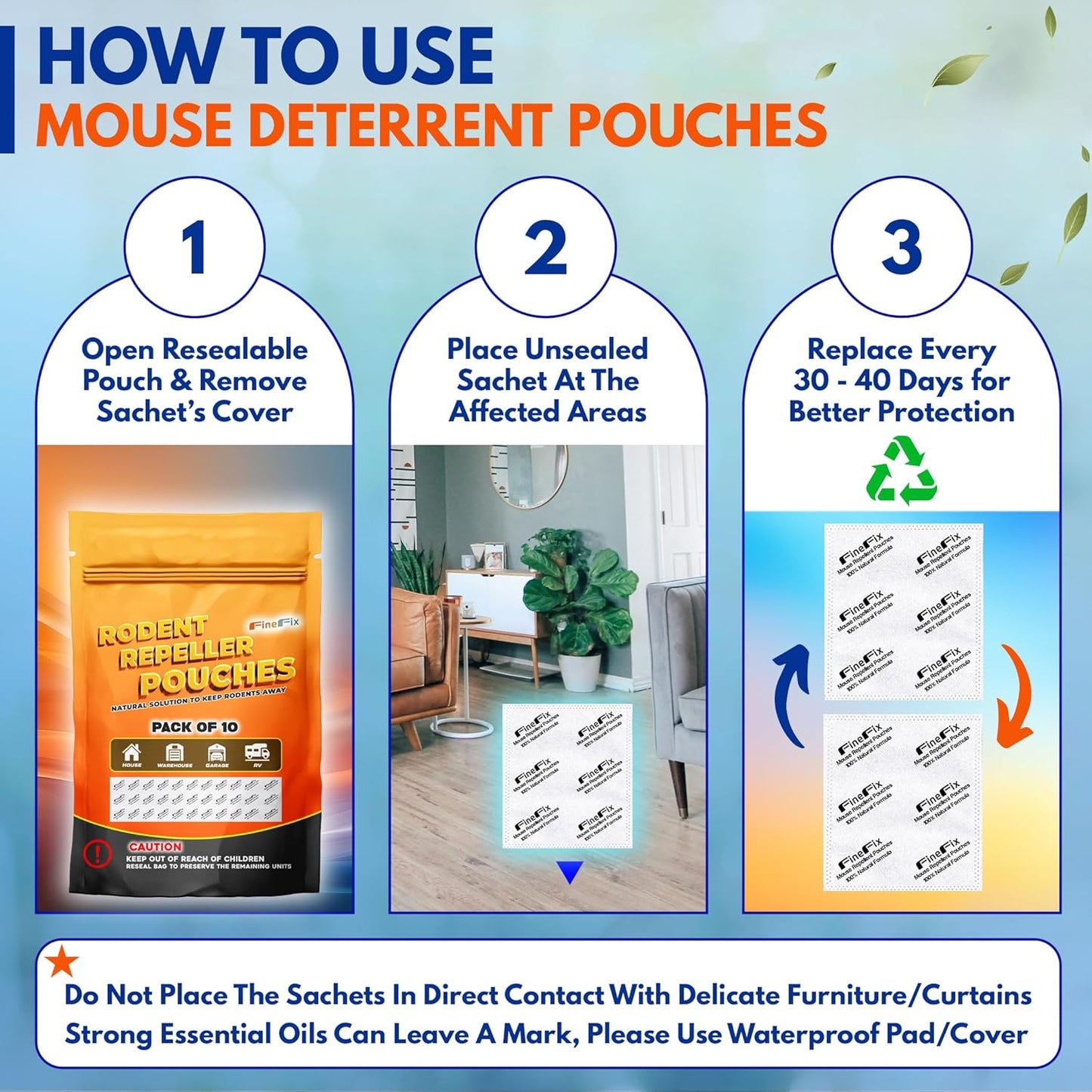 FINEFIX Pack of 10 Mouse Repellent Pouches Prepared with a Modified Botanical Formula Which Produces Scents That Deter Mice Pest Control for Home Basement Garage Barn Boat RVs