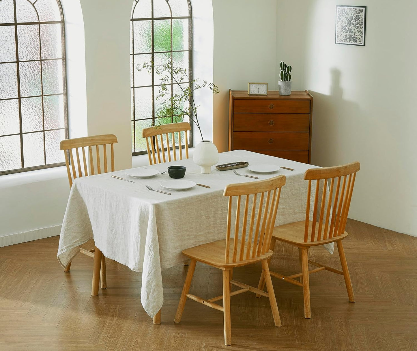 100% French Flax Linen Tablecloths Rectangle 84Lx60W Inch for Dinners, Parties, Easter, Halloween, Camping, Stone Washed, Textured, Machine Washable, 6-8 Sets (60''x84'', Natural Linen)