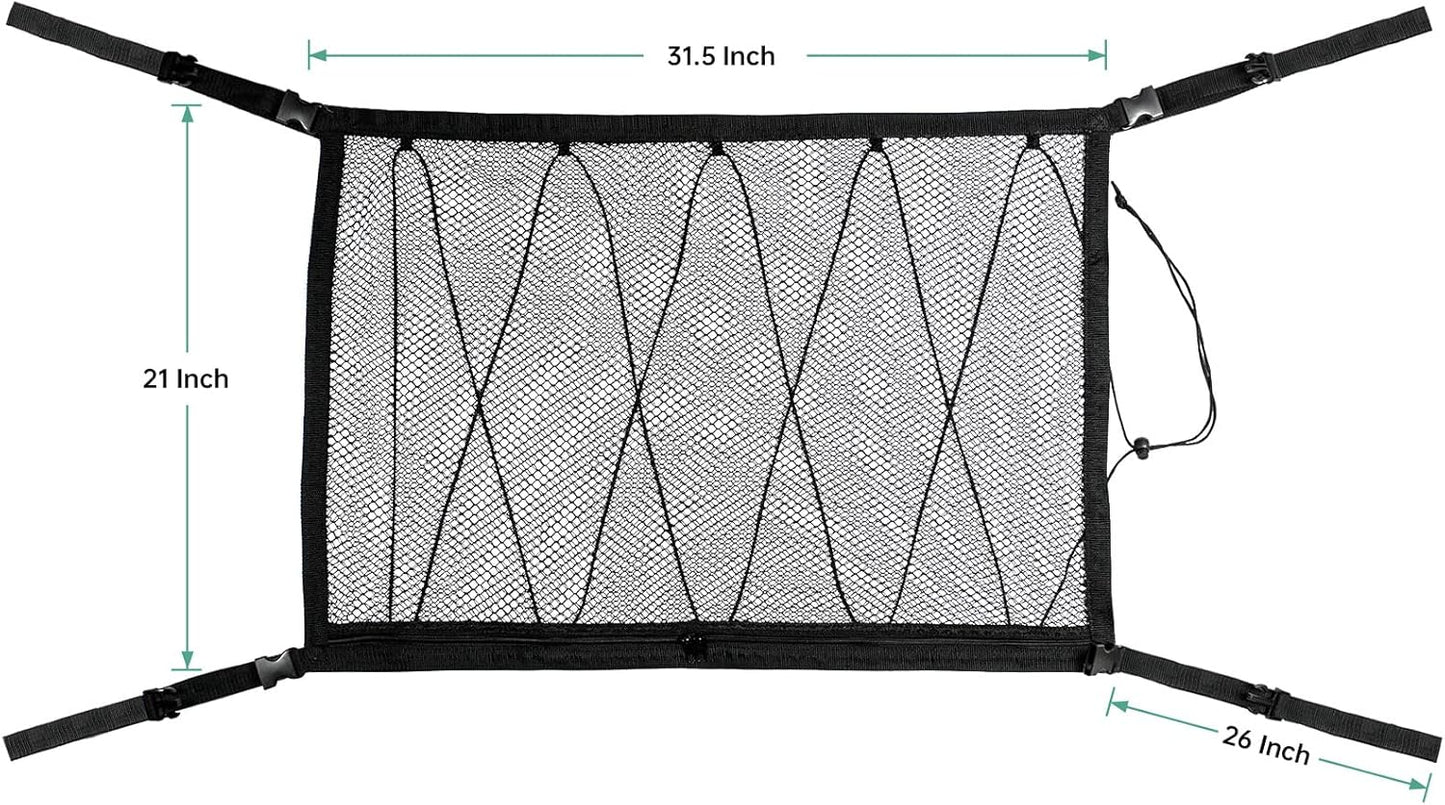 Kaskawise Car Ceiling Cargo Net Pocket,31"x21" Adjustable Double-Layer Mesh SUV Roof Organizer Long Trip Ceiling Storage Net,Car Camping Cargo Net for SUV,Van Life Accessories