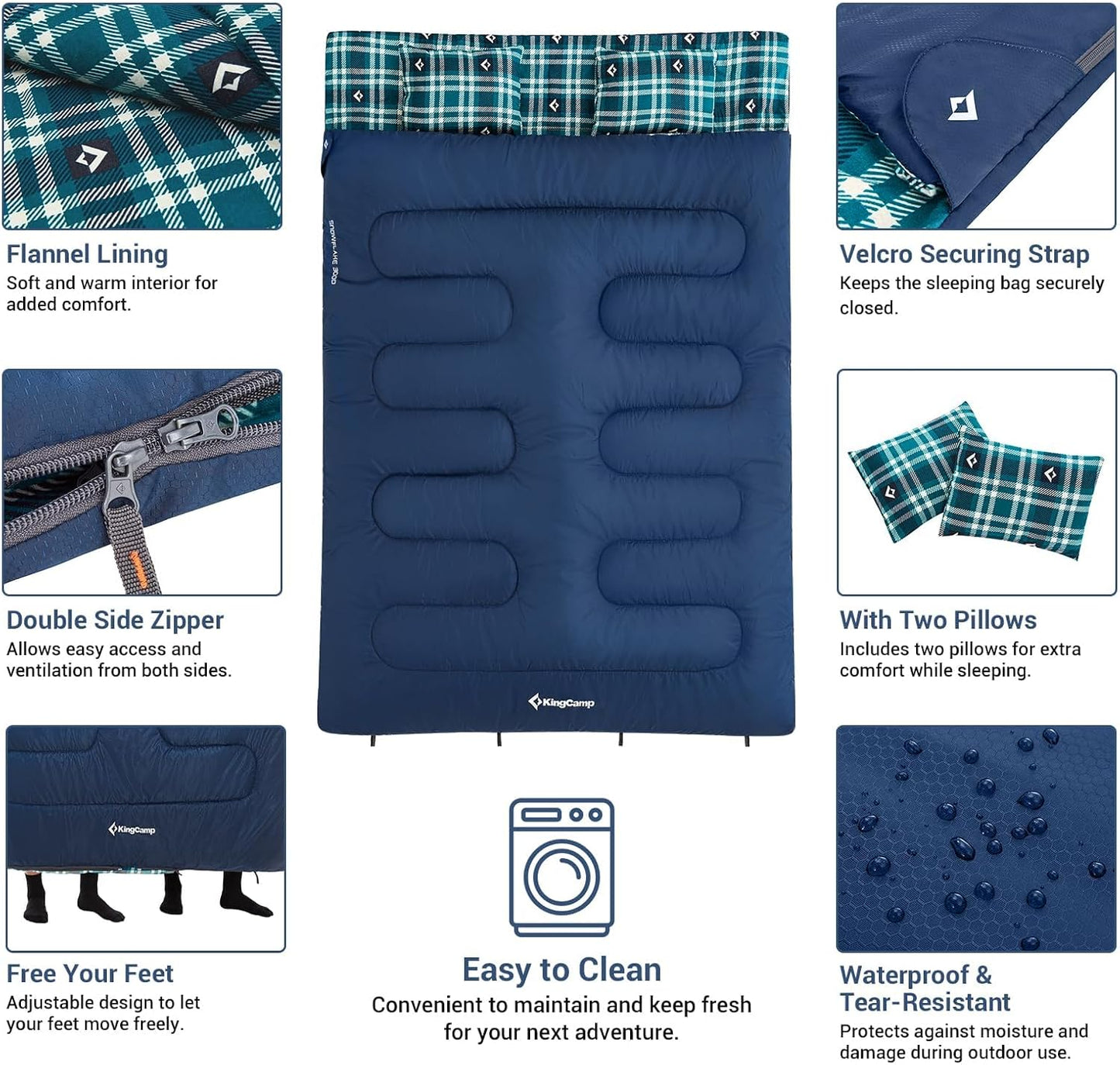 KingCamp Double Sleeping Bag for Adults, Queen Size 2 Person XXL Flannel Sleeping Bag, Waterproof Lightweight Flannel Quilt with 2 Pillows, Perfect for Couples Family Camping Hiking