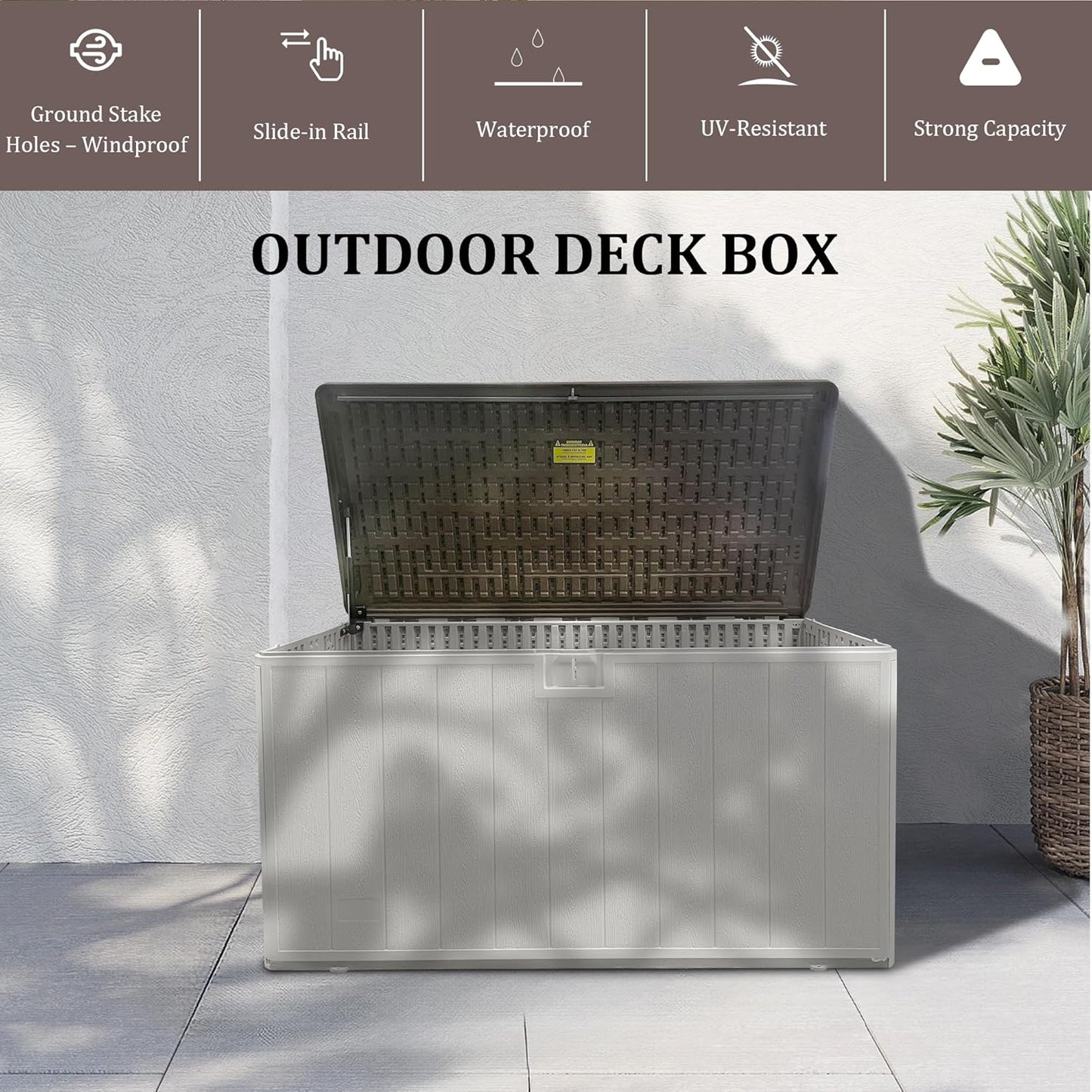 110GAL Brown Blow - Molded Outdoor Deck Box with Lock Hole - Waterproof, SGS - Protected from UV, Robust Storage for Large Garden Tools and Pool Equipment, Effortless Assembly