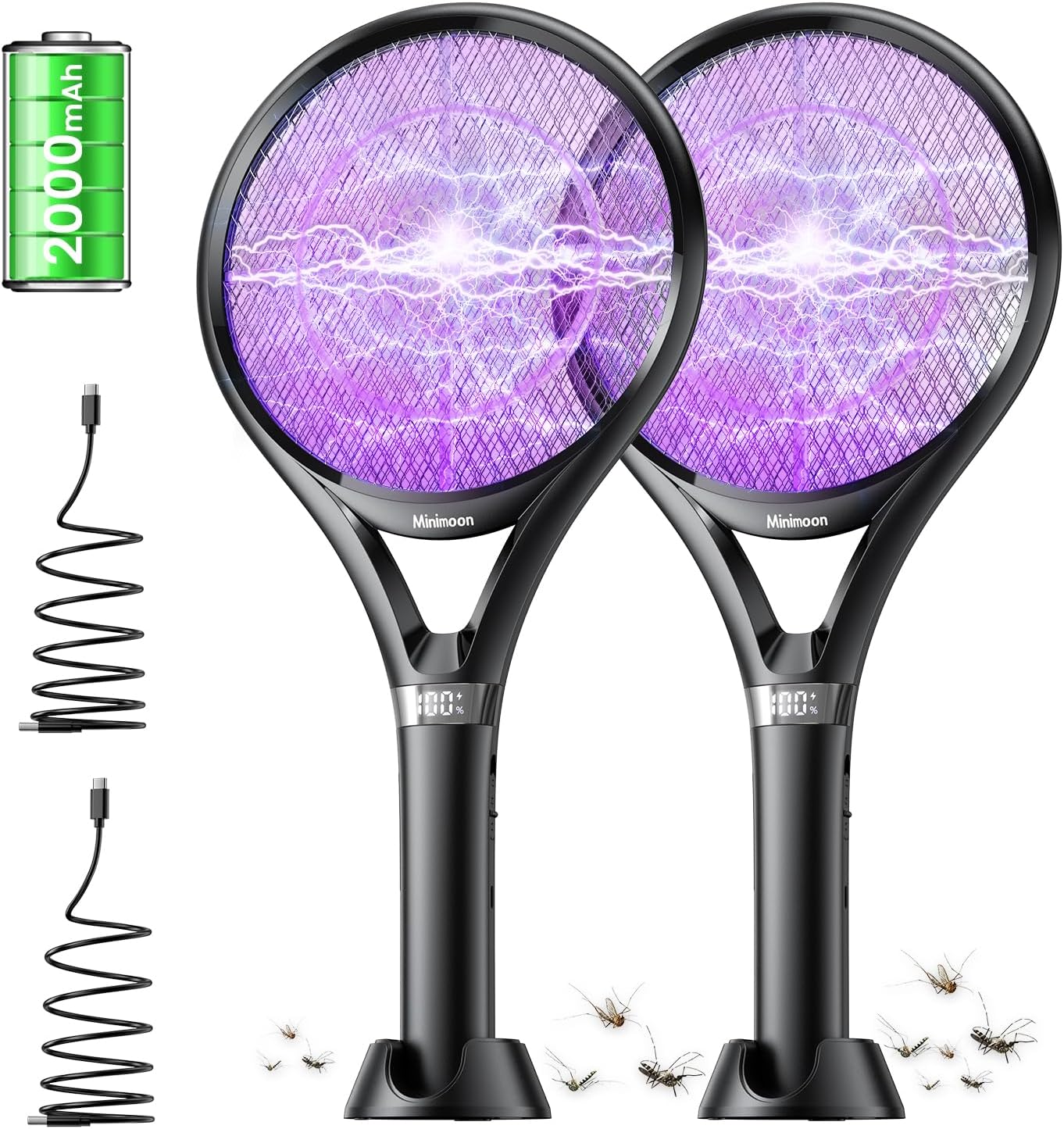 Minimoon 2Pack Electric Fly Swatter with LED Display, 2000mAh Rechargeable Fly Swatter Racket, 2500V Bug Zapper Racket Dual Modes, Mosquito Killer Lamp with 3 Layers Safety Mesh for Indoor Outdoor