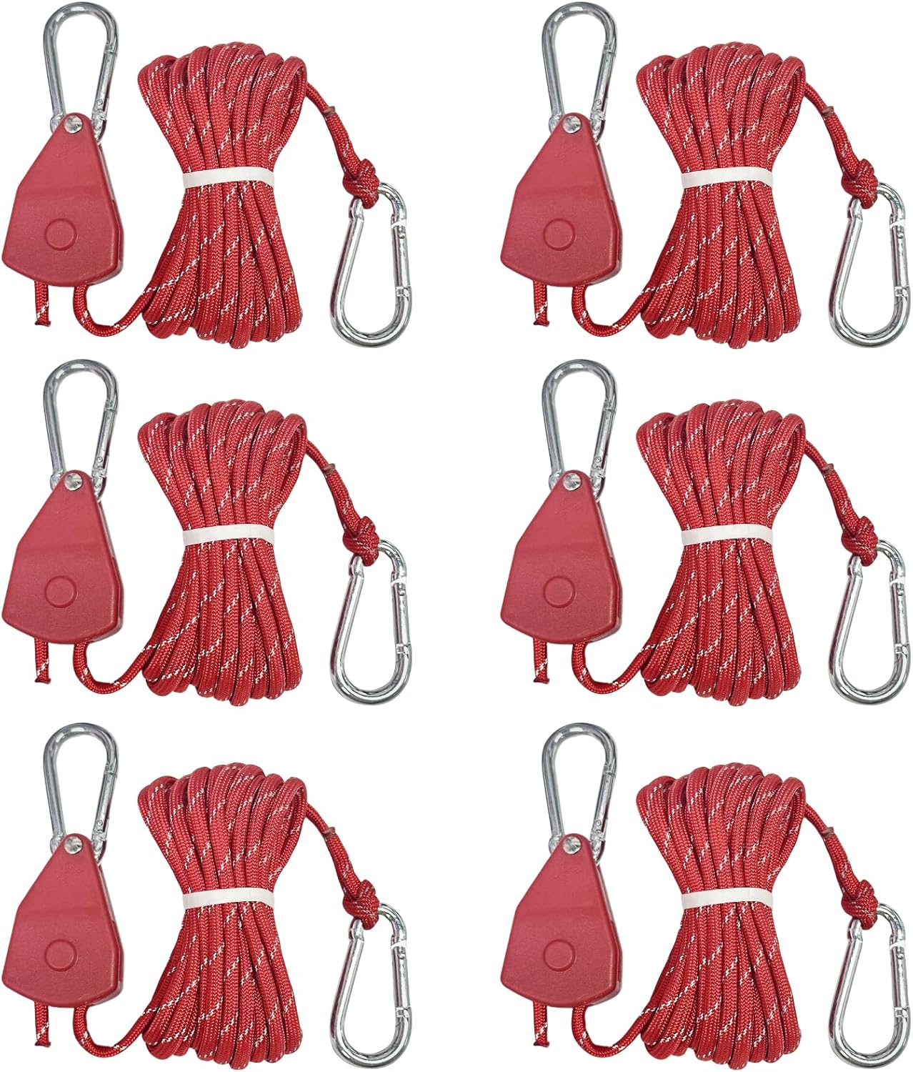 13ft Adjustable Outdoor Windproof Rope Ratchet Strap Tie Down Straps Small Mini Reflctive Paracord Rope Tent Hanger Grow Light Kayak 5/32" Red 6 Pack