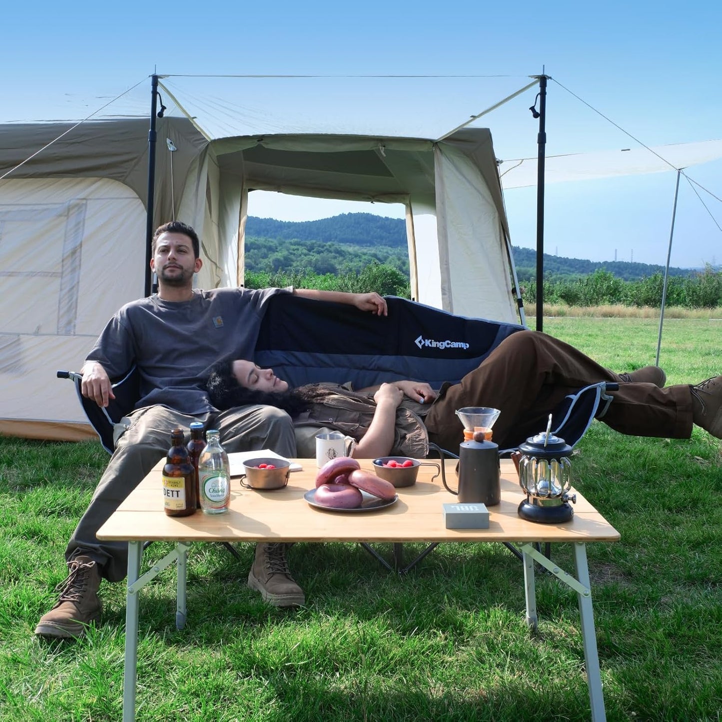 KingCamp 3 Person Camping Chair, Oversized 660lbs Heavy Duty Loveseat for Adults Portable Folding XL 2 Person Couch Padded Comfortable Three Seat with Cup Holder for Outdoor Lawn Backyard, Black/Grey