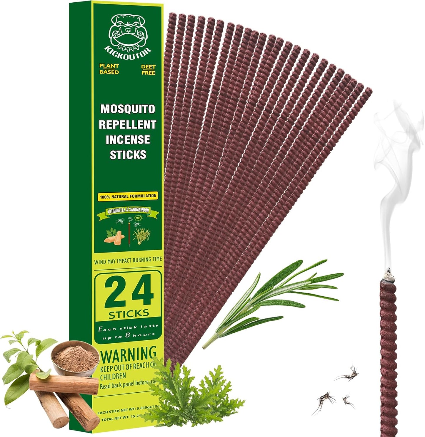 KICKOUTOR® Mosquito Incense Sticks with Natural Citronella Oil, 24 Count Indoor Outdoor Mosquito Repellent for Patio Camping Backyard, 8-Hour DEET-Free No-See-ums Bug Protection Each