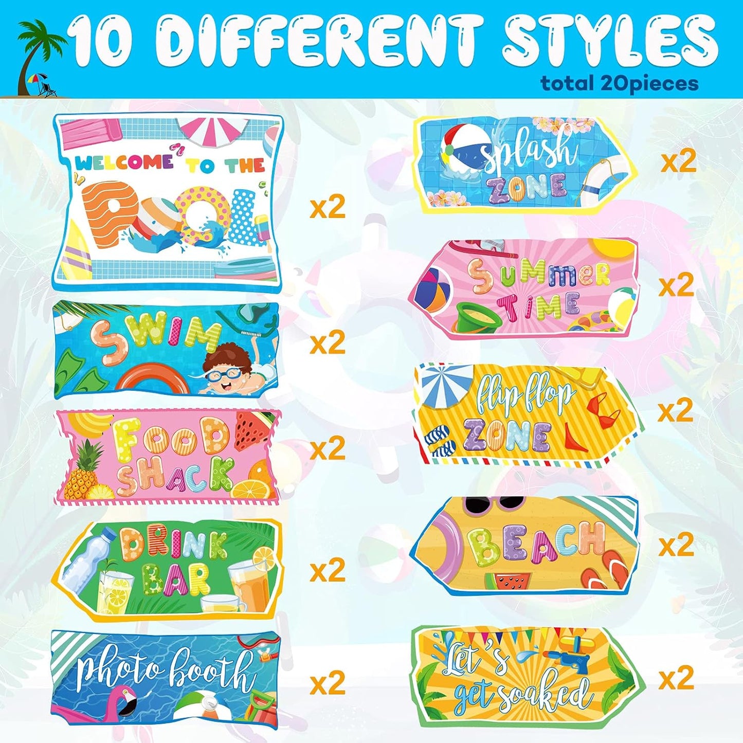 Jetec 20 Pieces Pool Party Sign Splash Party Decorations Hawaiian Luau Yard Signs Tropical Summer Birthday Supplies Photo Props Backdrop Decoration Splish Splash Birthday Cutouts Beach Decor