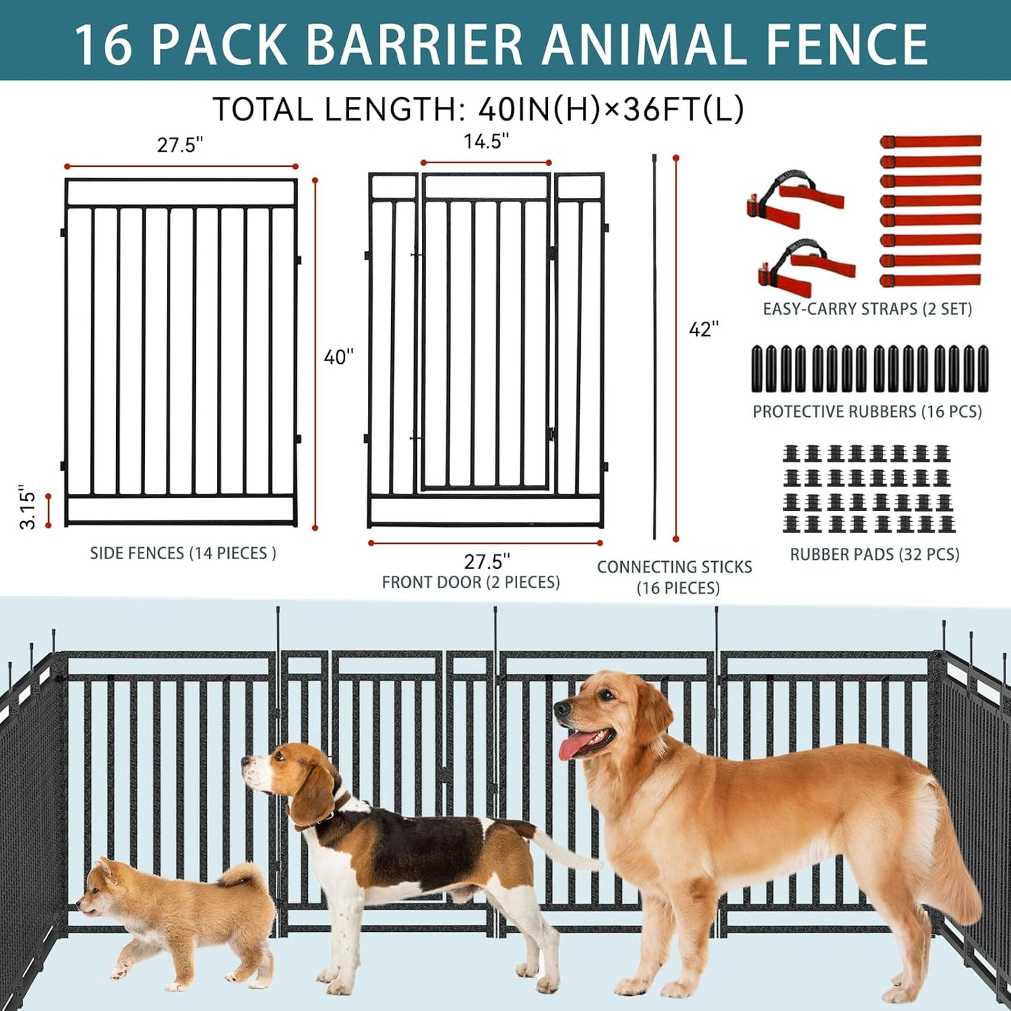 16 Panels Dog Yard Fence,Fencing No Dig Dog Fence Outdoor for Yard Portable Patio Fence Dog Playpen for RV Camping (16 Panels)