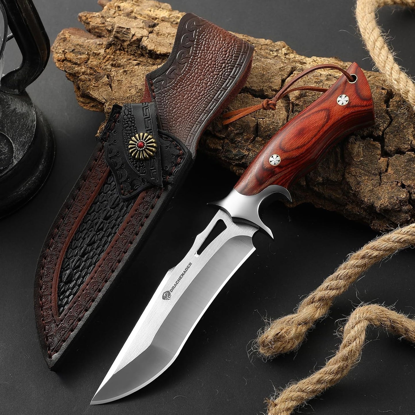 10.24" M390 Knives Hunting Knife Fixed Blade with Leather Sheath, Bushcraft Full Tang Knife Non-slip Red Coloured Wooden Handle