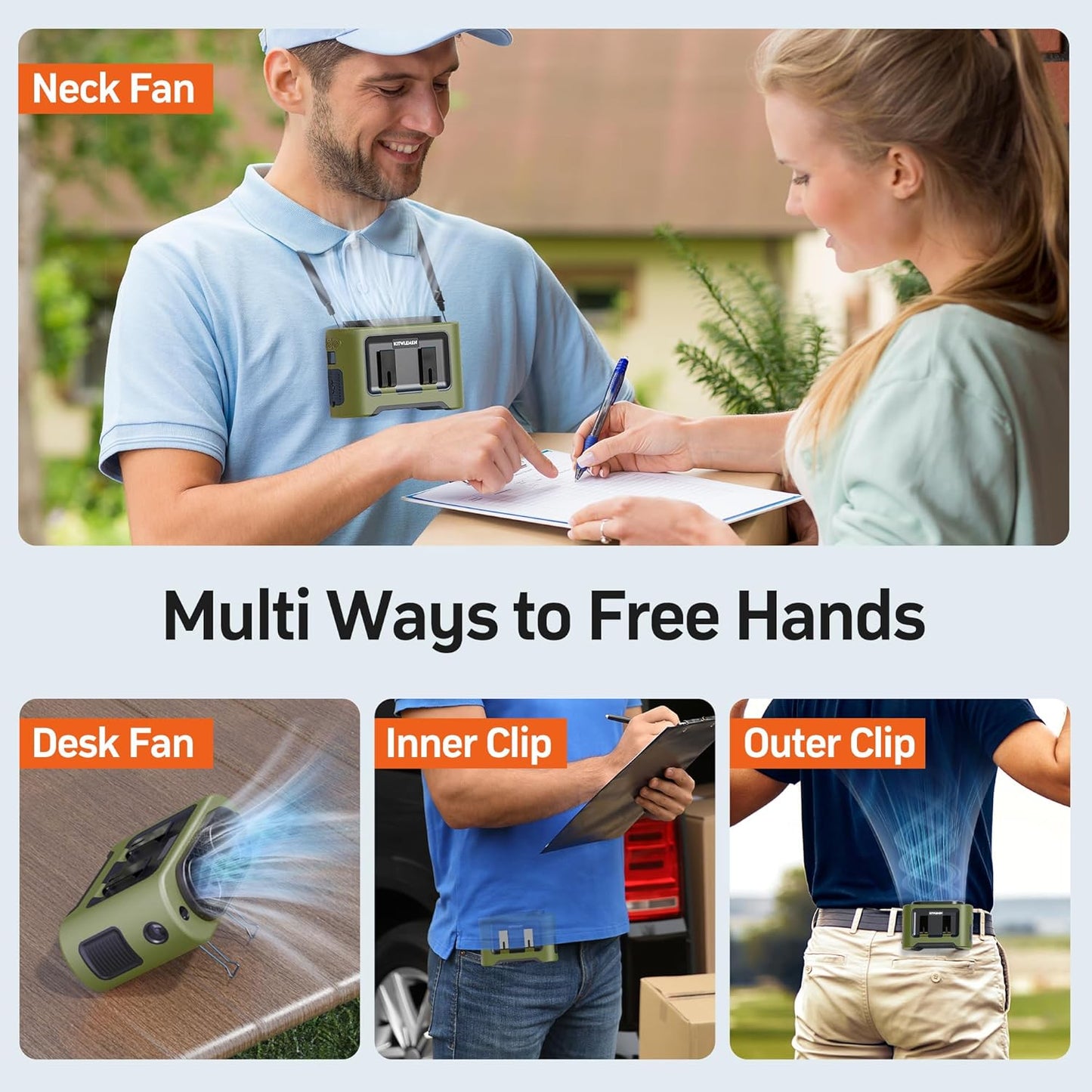 KITWLEMEN 14500mAh Portable Waist Fan - Personal Clip on Belt Fan, Dual Air Outlet, 5 Speed 35H Cooling, Rechargeable Battery Operated, Wearable with Lanyard & Light for Camping, Travel, Jobsite