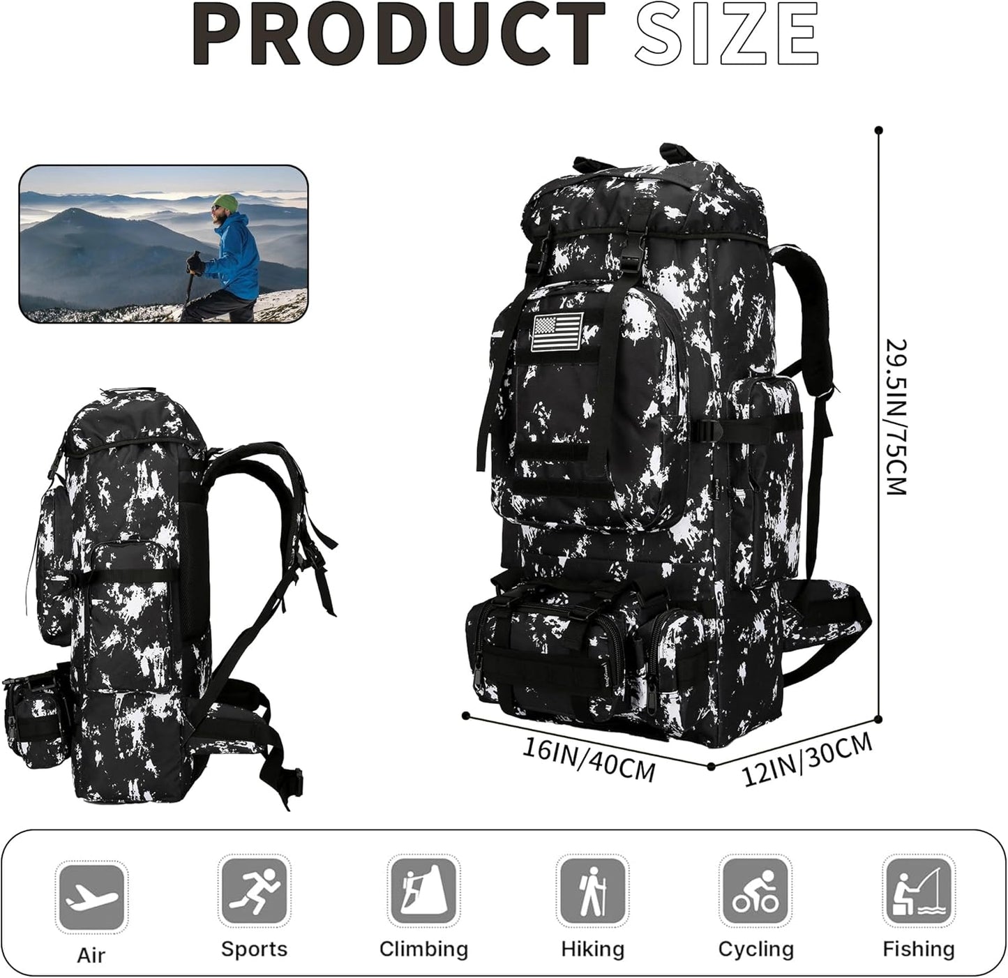 King'sGuard 100L Camping Hiking Backpack Molle Rucksack Military Camping Backpacking Daypack (Black Lighting)