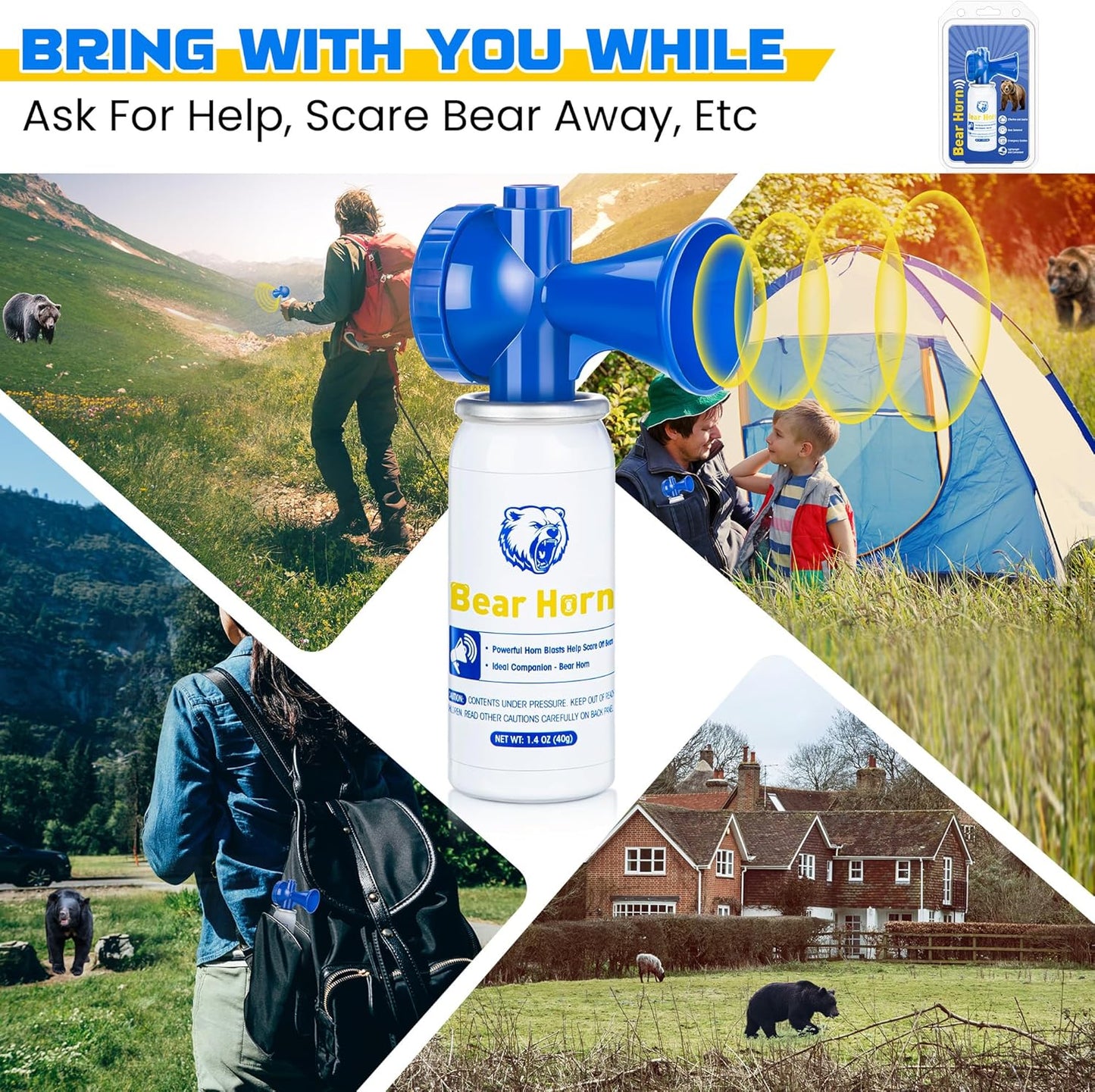 1.4oz Bear Horn Self Defense, Loud Air Horn for Wild Animals, 120dB Heard up to 1/2 Mile Away, Ideal for Hiking