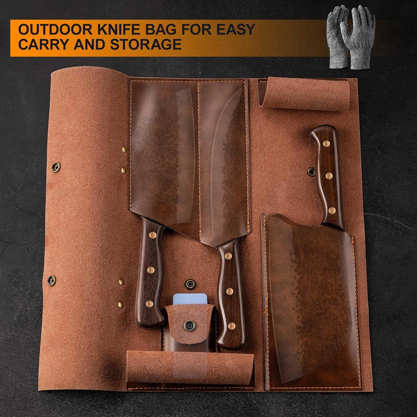 KINGOD 3-Piece Outdoor Butcher Knife Set with Bag & Gloves & Whetstone, Hand-Forged Full Tang Hunting Cleaver, Viking Boning Knife & Meat Knife for Camping, BBQ & Meat Processing