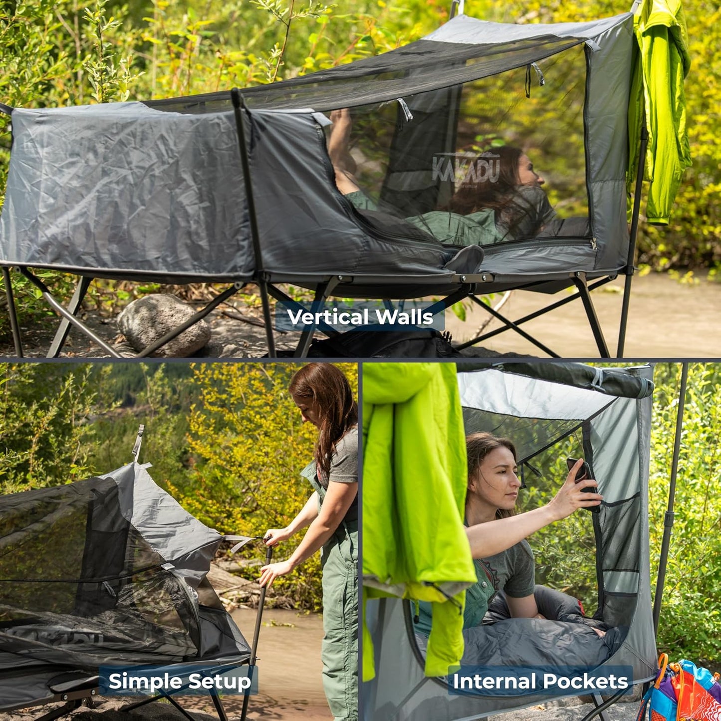 Kakadu Camping Tent Cot, 1 Person, 1 Minute Easy Setup, Folding, Compact, Elevated Tent with BlockOut Rain Fly, Awning Poles, Ultra-Fine Mesh Windows, and Carry Bag