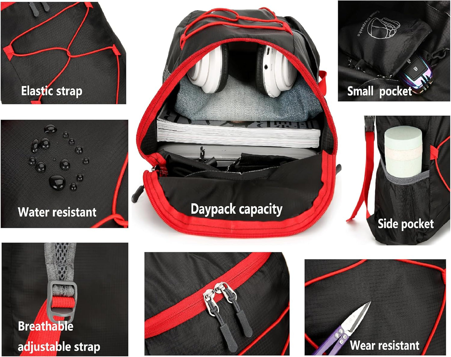 16L Lightweight Foldable Hiking-Backpack Small Packable-Daypack For Travel,Ultralight Water-Resistant Gym Bag Men Women Easy Carry-on (Black+Red)