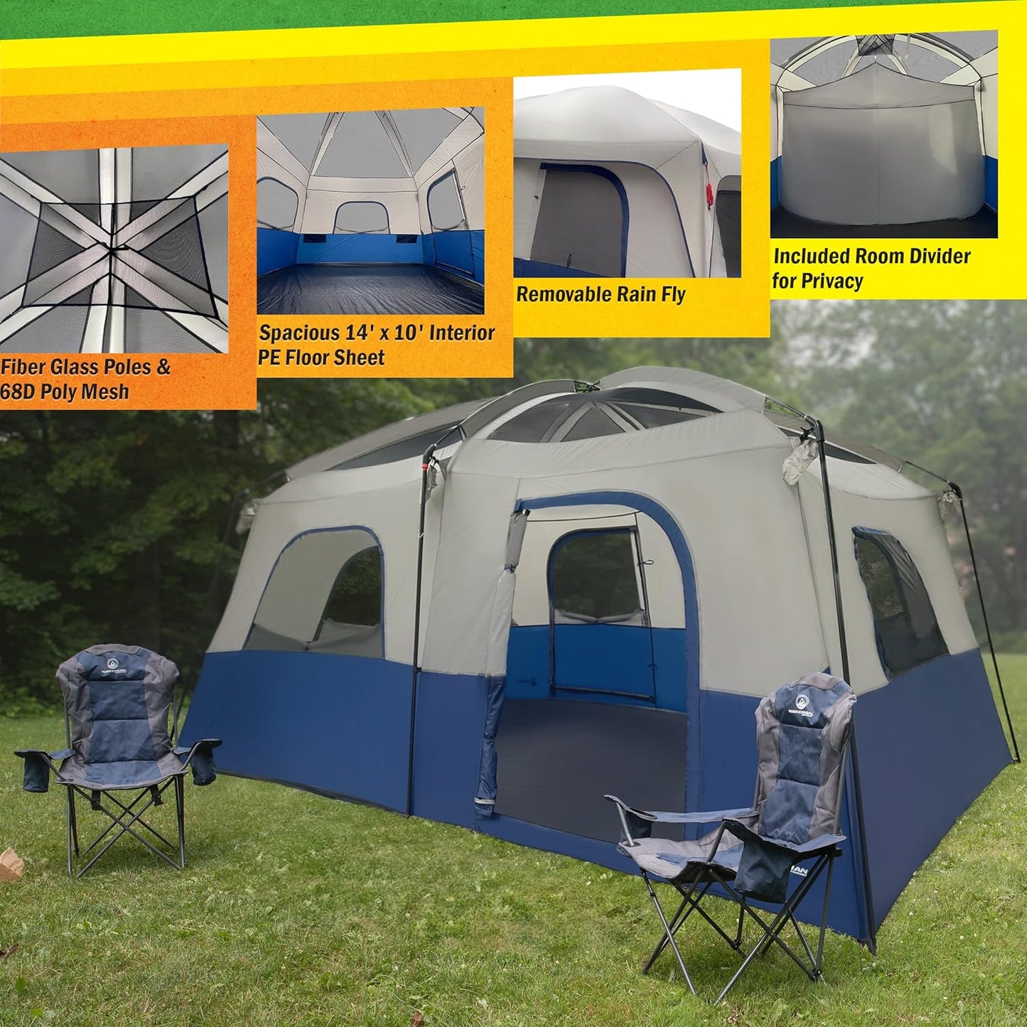 10 Person Camping Tent - Large Outdoor Tent with Room Divider and Rainfly - Family Camping House with 2 Doors and 4 Screen Windows by Wakeman Outdoors (Navy)