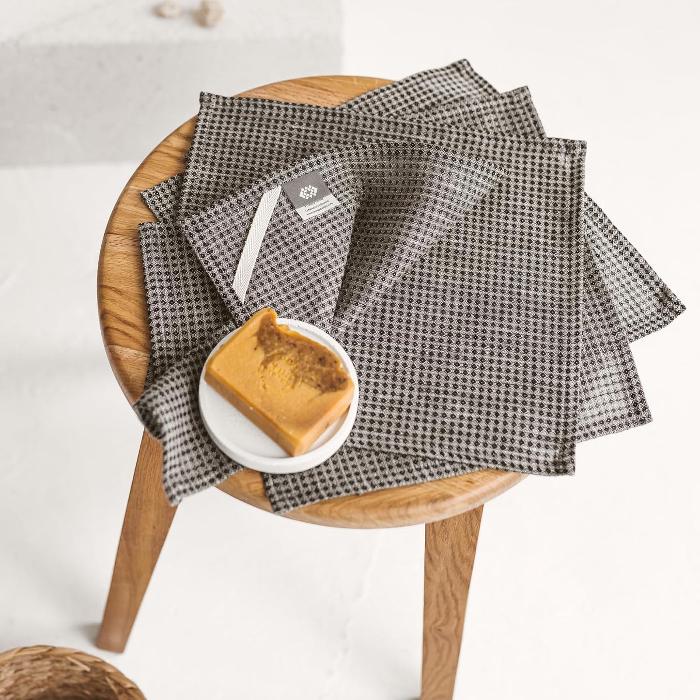 100% Flax Linen Washcloths - 4-Pack 10x10-inch Reusable Waffle Washcloths - Make up Removers Face Cloth - Black-Natural Waffle Weave Wash Cloths - Small Face Towels for Women