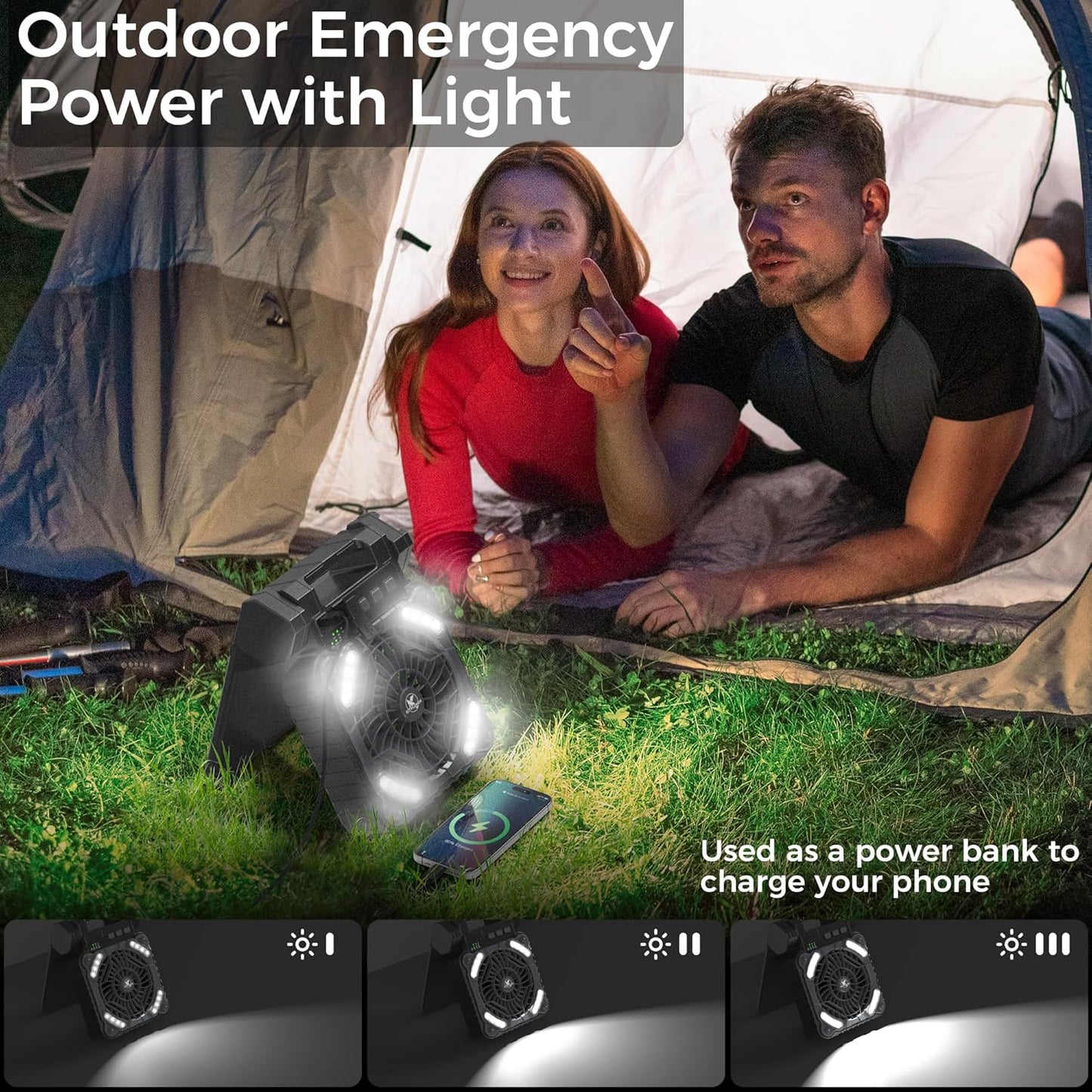 KITWLEMEN Solar Camping Fan with Lantern - Rechargeable Battery Operated Fan, 18H Run Time Max, 4 Speeds, 8H Timer, 90° Adjustable Portable Desk Fan for Hurricane, Power Outage, Outdoor Use