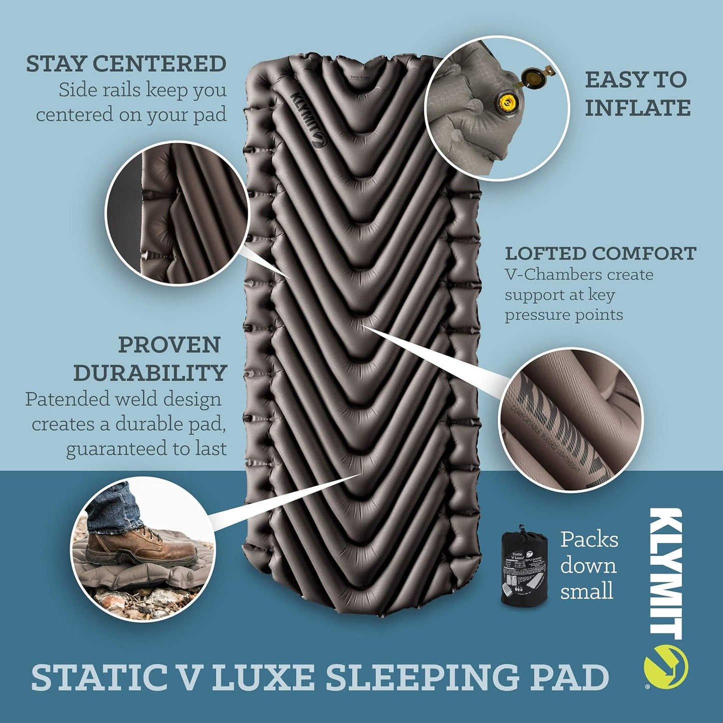 Klymit Static V Luxe and Static V Inflatable Sleeping Pads Bundle with V-Shaped Design for Comfortable Camping