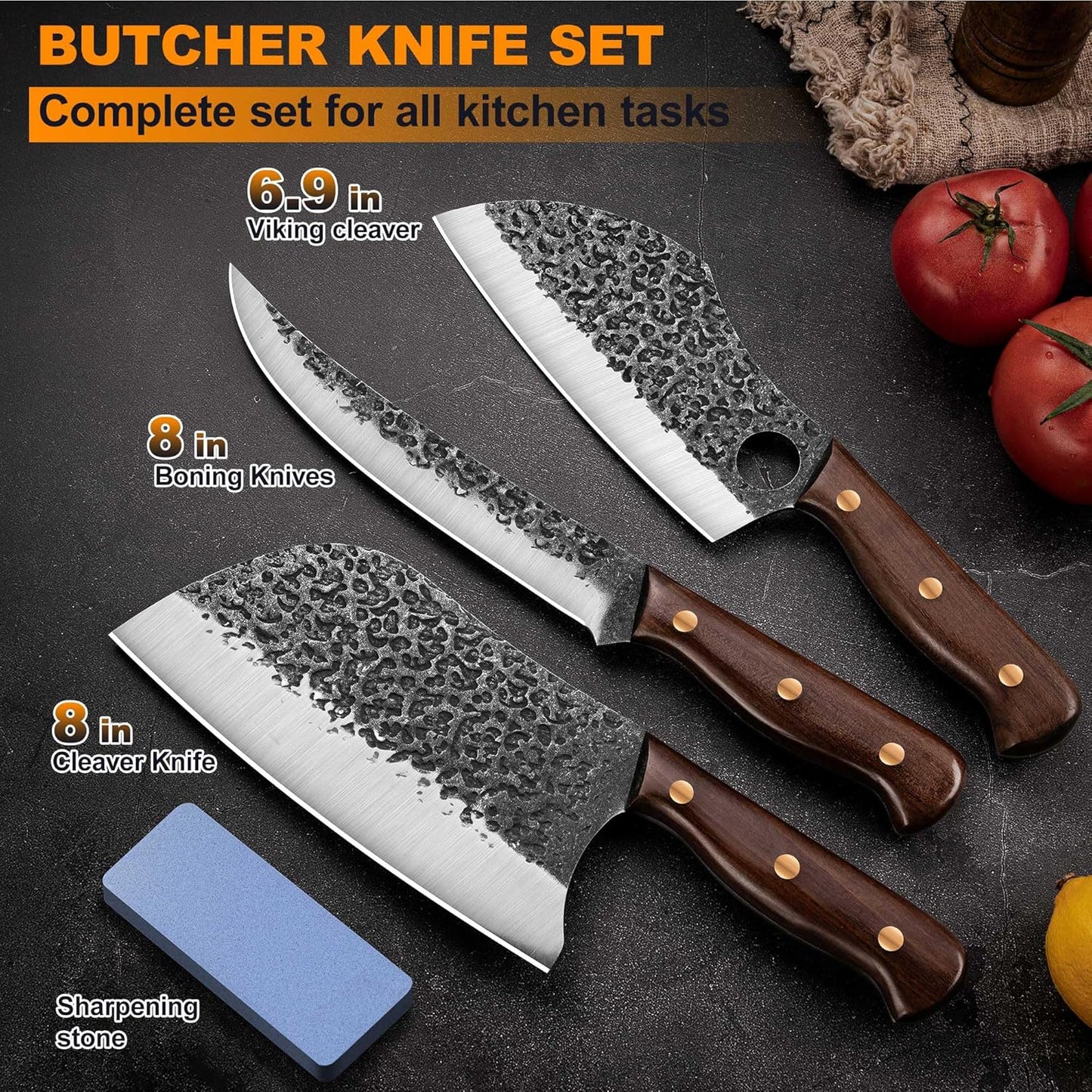 KINGOD 3-Piece Outdoor Butcher Knife Set with Bag & Gloves & Whetstone, Hand-Forged Full Tang Hunting Cleaver, Viking Boning Knife & Meat Knife for Camping, BBQ & Meat Processing