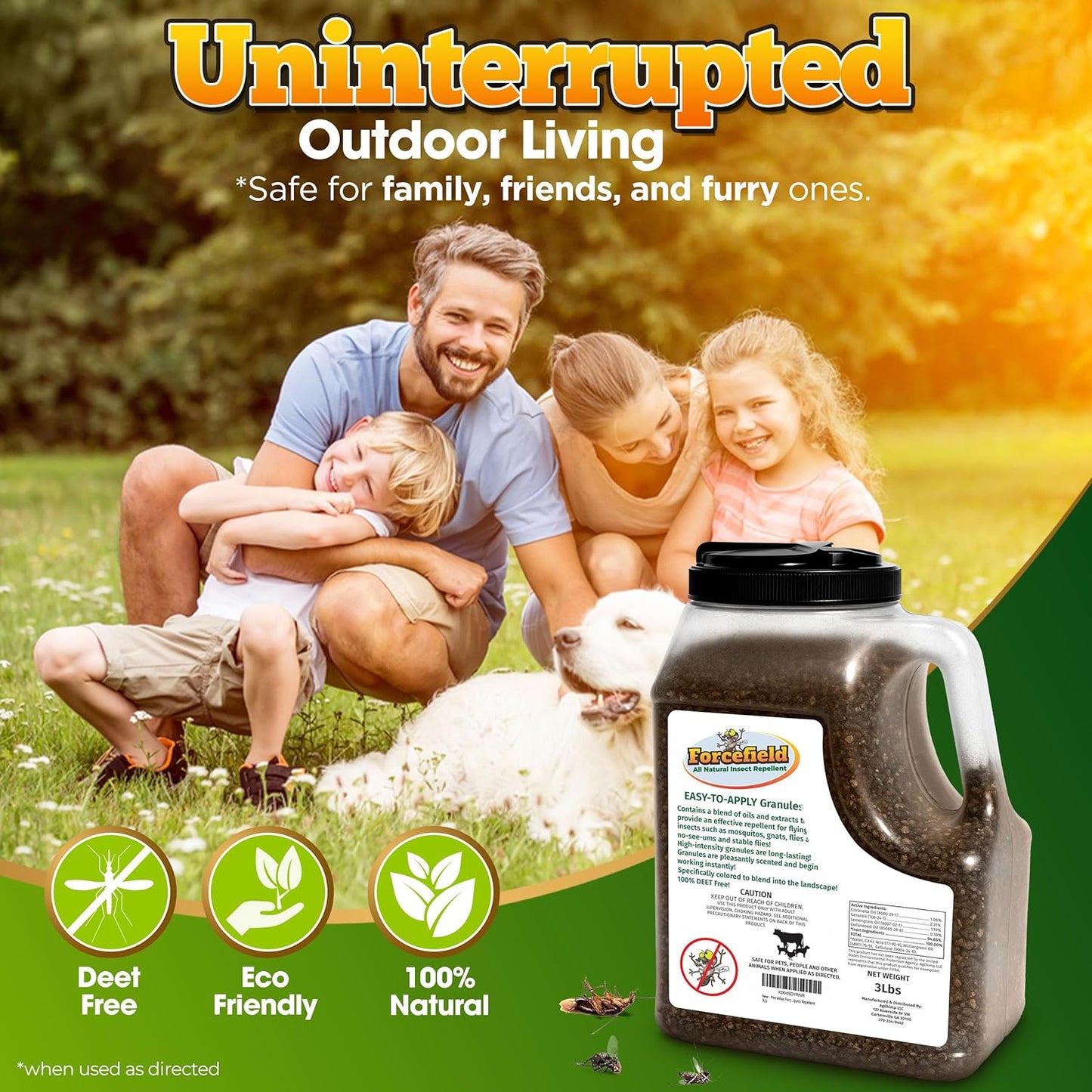 ForceField Natural Flea, Tick, Mosquito Yard Treatment - Repellent Granules for Backyard Mosquito Control | Pet Safe, DEET-Free Outdoor Control | Long-Lasting Barrier for Lawns, Patios, & Barns 3 LB