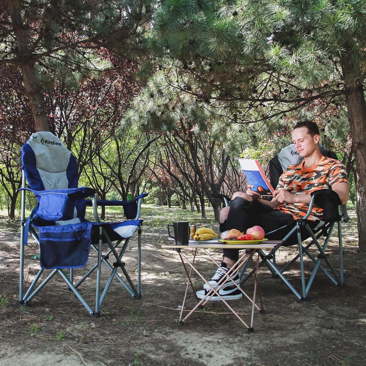 KingCamp Folding Portable Camping Chairs Oversized Padded Quad Arm Chair with Cooler Bag, Cup Holder and Side Pocket, Heavy Duty Supports 300 lbs for Outdoor, Lawn, Fishing, Sports