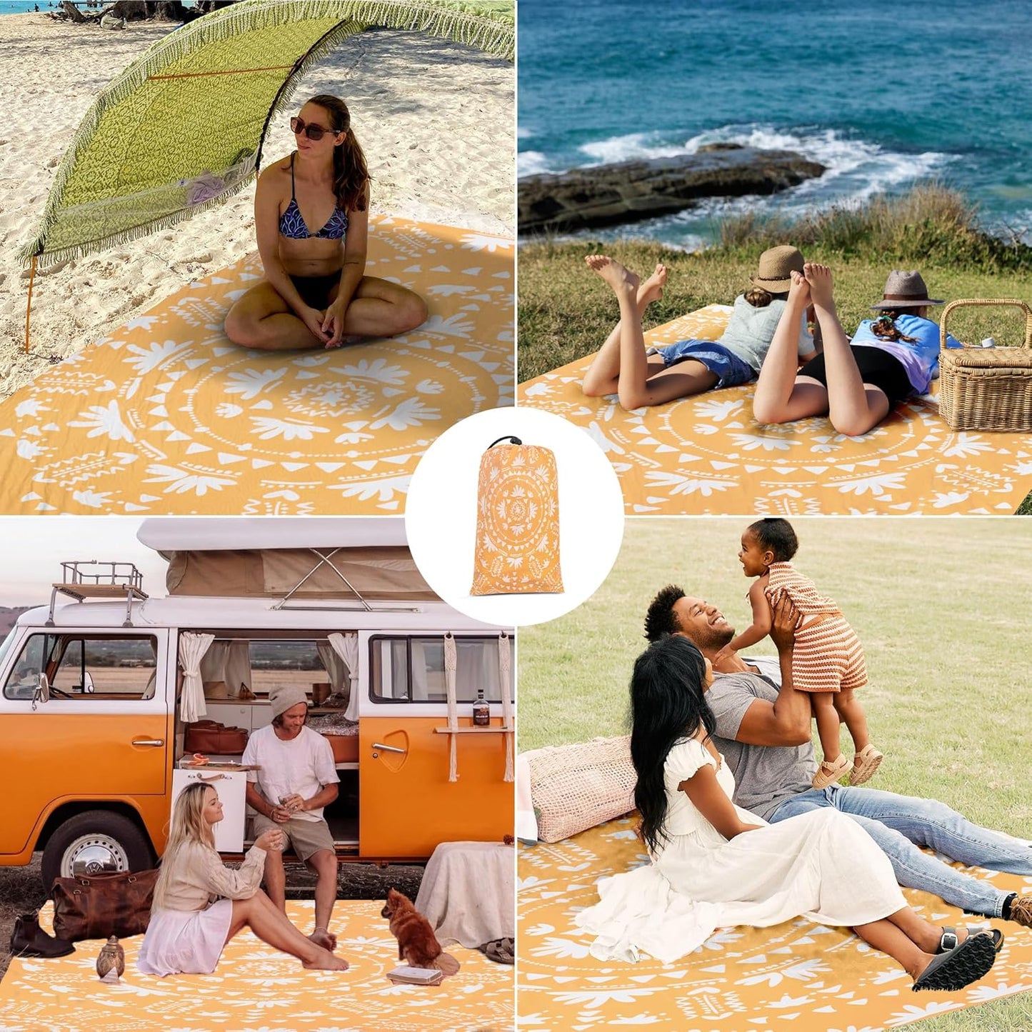 110''×118'' Extra Large Sandproof Beach Blanket 4-8 Adults, Waterproof Foldable Picnic Blankets with 4 Stakes & 4 Pockets, Lightweight Boho Outdoor Beach Mat for Travel, Camping, Hiking
