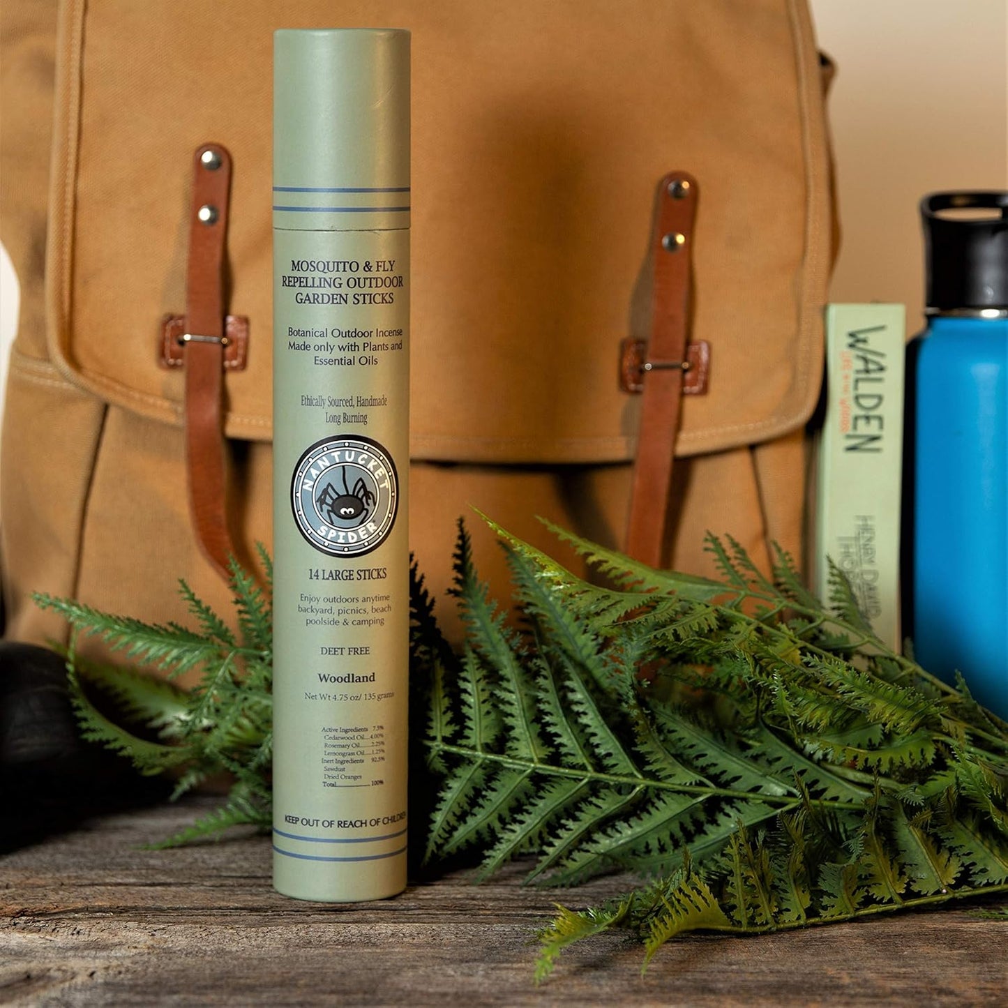 Nantucket Spider Mosquito Repellent Sticks 14 Pack and Holder | Repels Mosquitoes & Flies | Slate Block Holder | Outdoor Garden Natural Essential Oil Incense | Woodland Scent