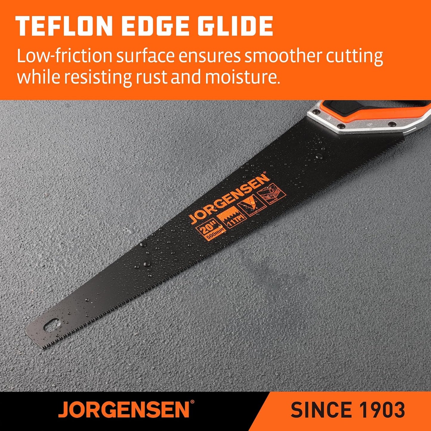 JORGENSEN 20 Inch Black Coated Pro Hand Saw, 11 TPI Fine-Cut Ergonomic Non-Slip Aluminum Ultrasonic Welding Handle for Sawing, Trimming, Gardening, Woodworking, Drywall, Plastic Pipes