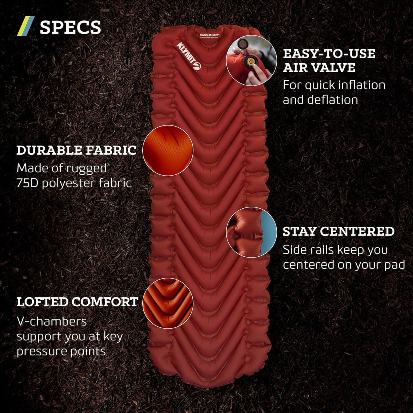 KLYMIT Insulated Static V Inflatable Sleeping Pad | Comfortable, Lightweight, Easy to Inflate, Portable Air Bed Mattress for Camping, Backpacking and Hiking — Red