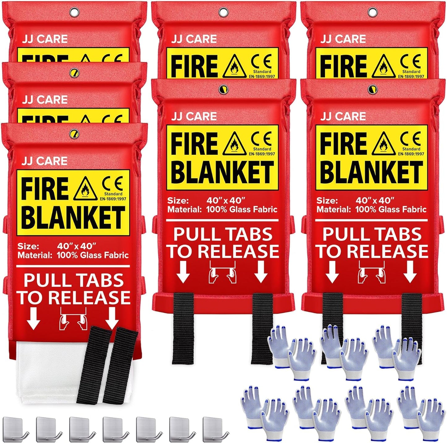 JJ CARE Fire Blanket – 7 Packs with Hooks and Gloves – 40” x 40” Fire Blankets Emergency for Home and Kitchen, High Heat Resistant and Flame Protection for Kitchen, Car, Office, Camping & Home Safety