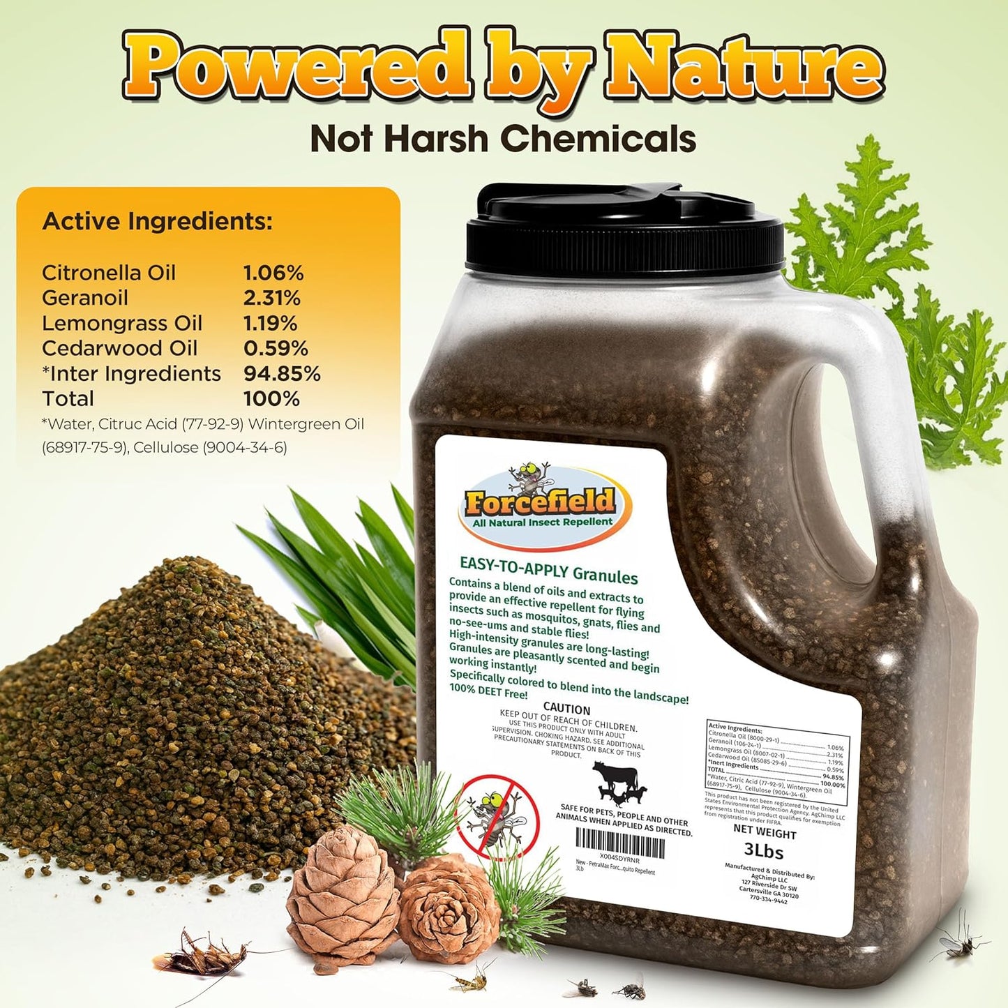 ForceField Natural Flea, Tick, Mosquito Yard Treatment - Repellent Granules for Backyard Mosquito Control | Pet Safe, DEET-Free Outdoor Control | Long-Lasting Barrier for Lawns, Patios, & Barns 3 LB